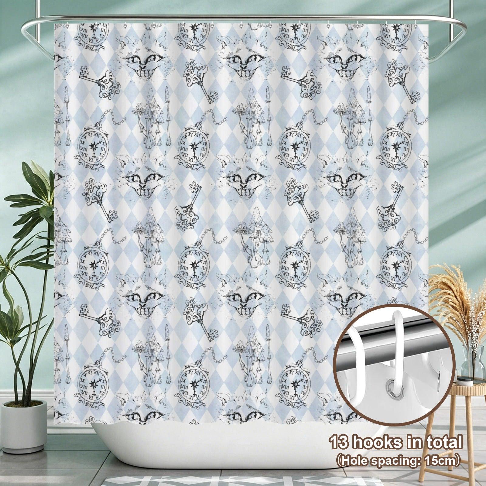 Blue Harlequin Cat Shower Curtain, Whimsical Wonderland Bathroom Decor, Vintage Curio Bath Accent