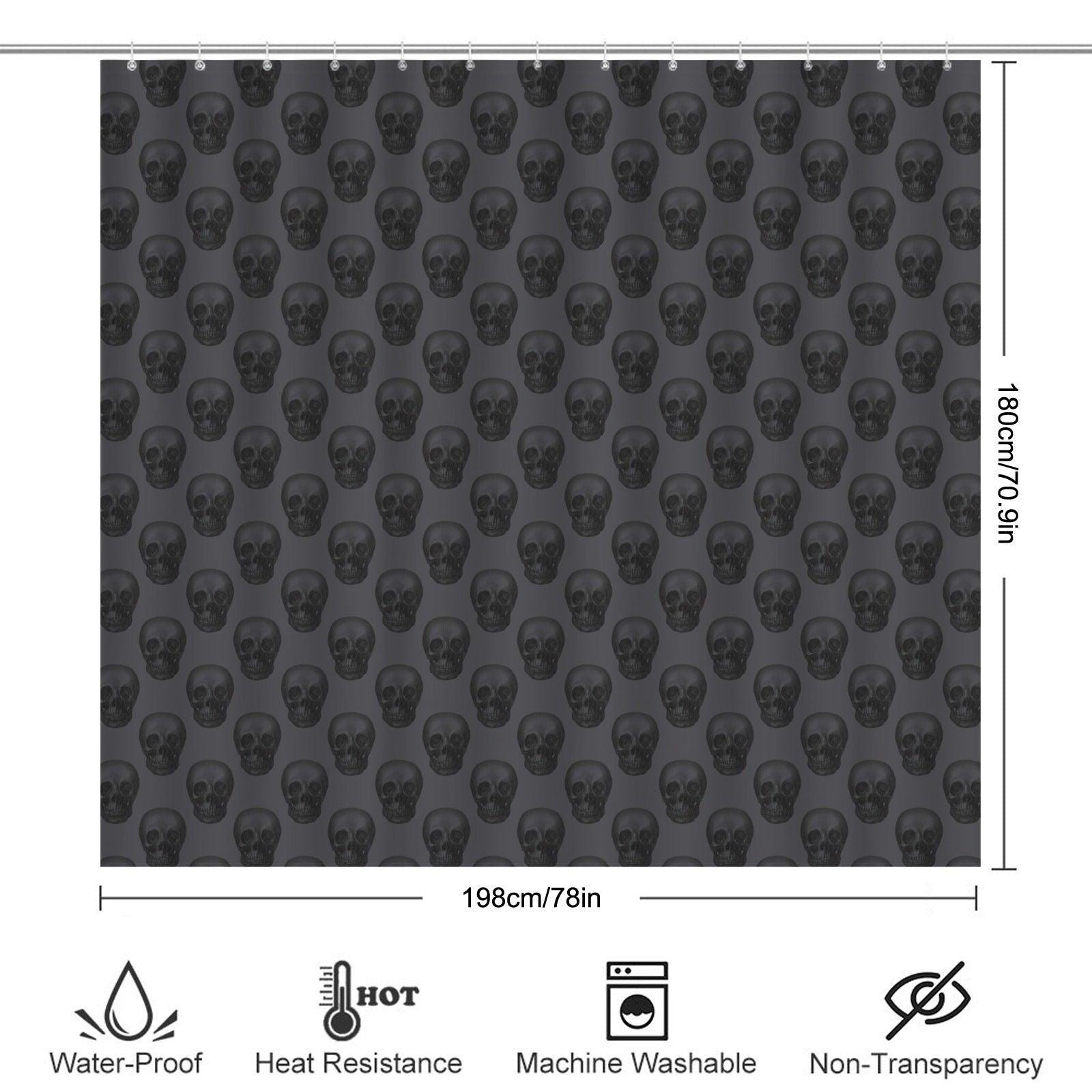 Repeating Skull Shower Curtain, Charcoal Gray Gothic Bath Decor