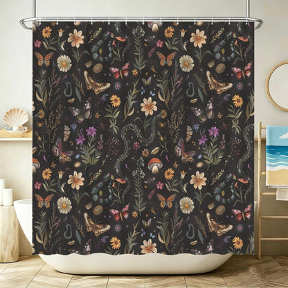 Snake Butterfly Shower Curtain, Dark Woodland Floral Bath Decor