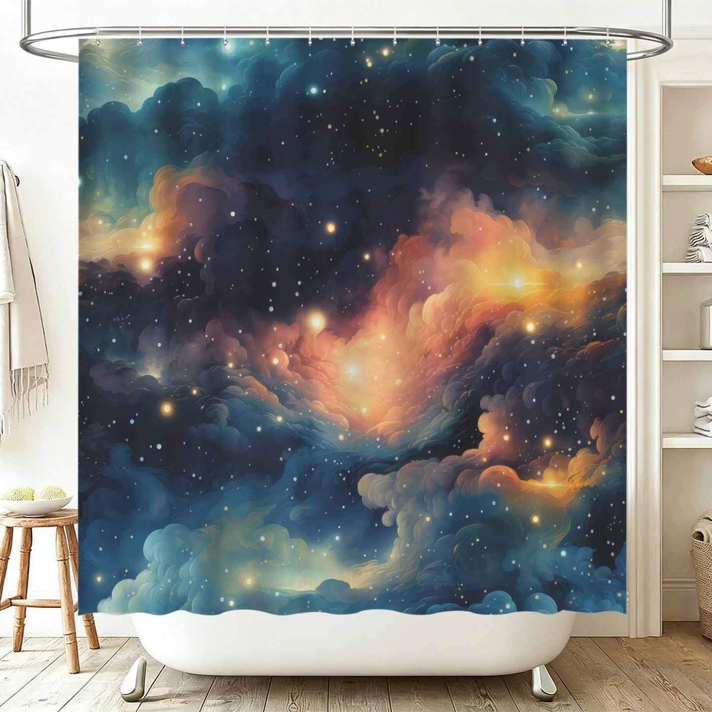 Galaxy Nebula Shower Curtain, Blue Space Bathroom Decor, Cosmic Starry Guest Bath Accent