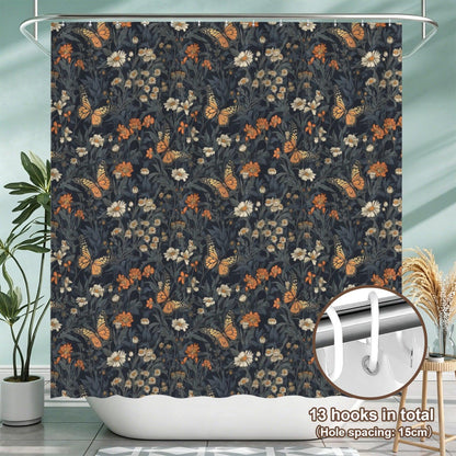 Monarch Butterfly Floral Shower Curtain, Dark Cottagecore Botanical Bath Decor