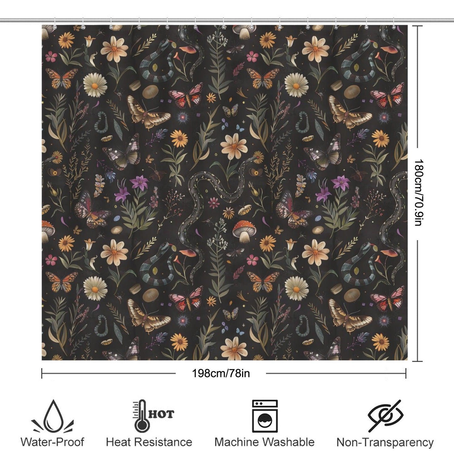Snake Butterfly Shower Curtain, Dark Woodland Floral Bath Decor