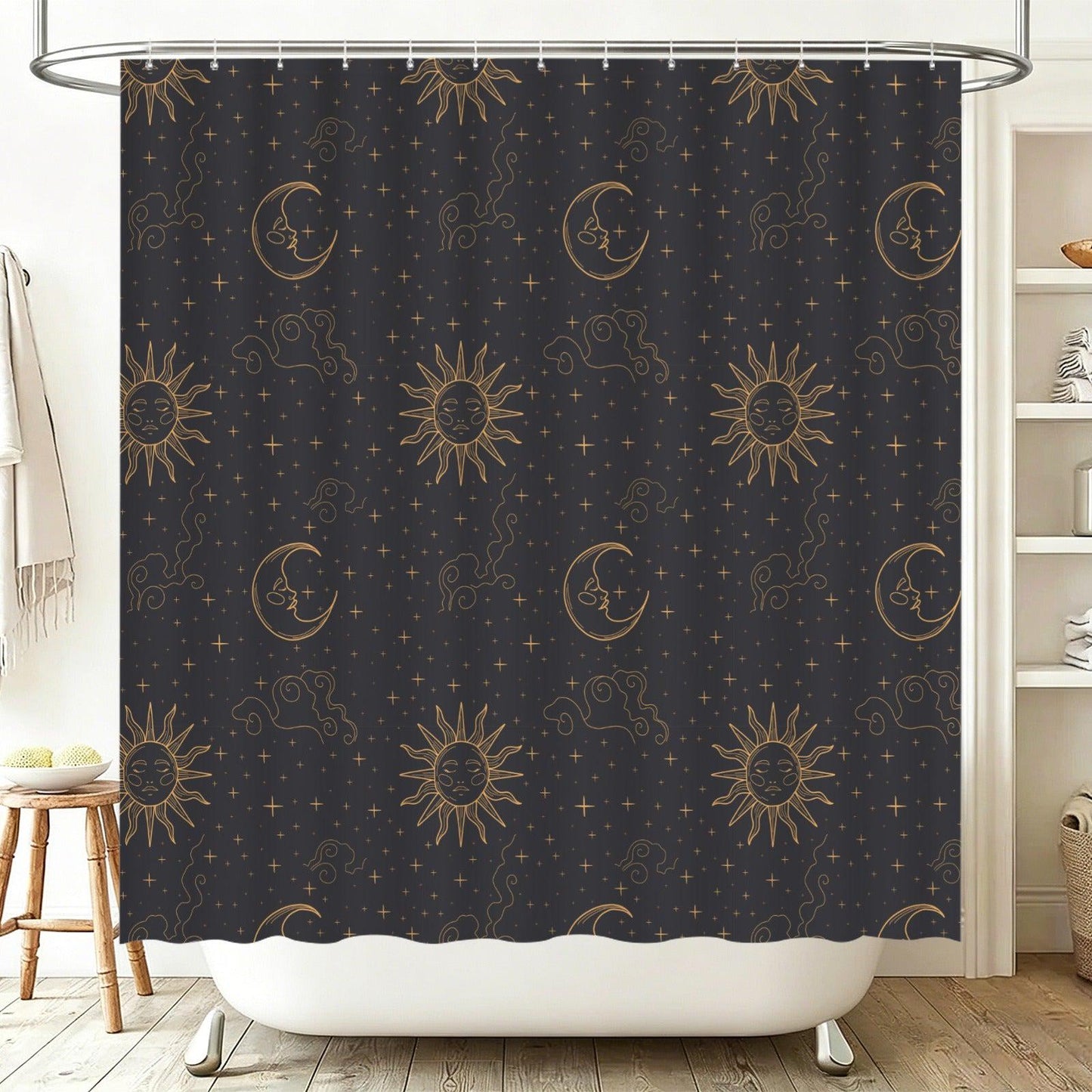 Sun Moon Shower Curtain, Celestial Astrology Bathroom Decor, Starry Night Boho Guest Bath Accent