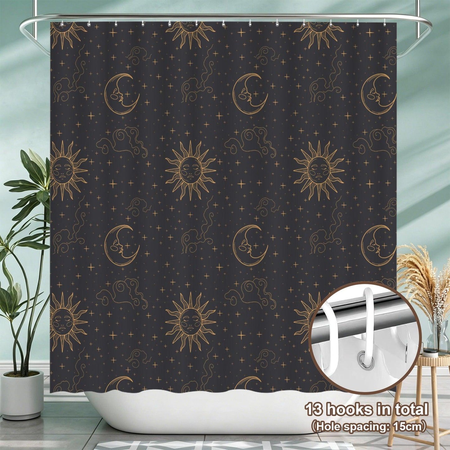 Sun Moon Shower Curtain, Celestial Astrology Bathroom Decor, Starry Night Boho Guest Bath Accent