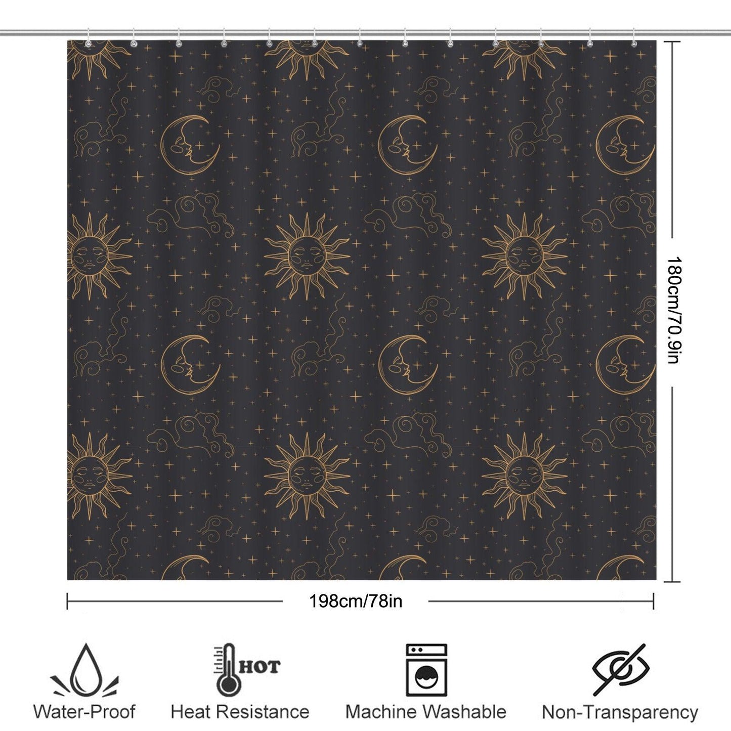 Sun Moon Shower Curtain, Celestial Astrology Bathroom Decor, Starry Night Boho Guest Bath Accent