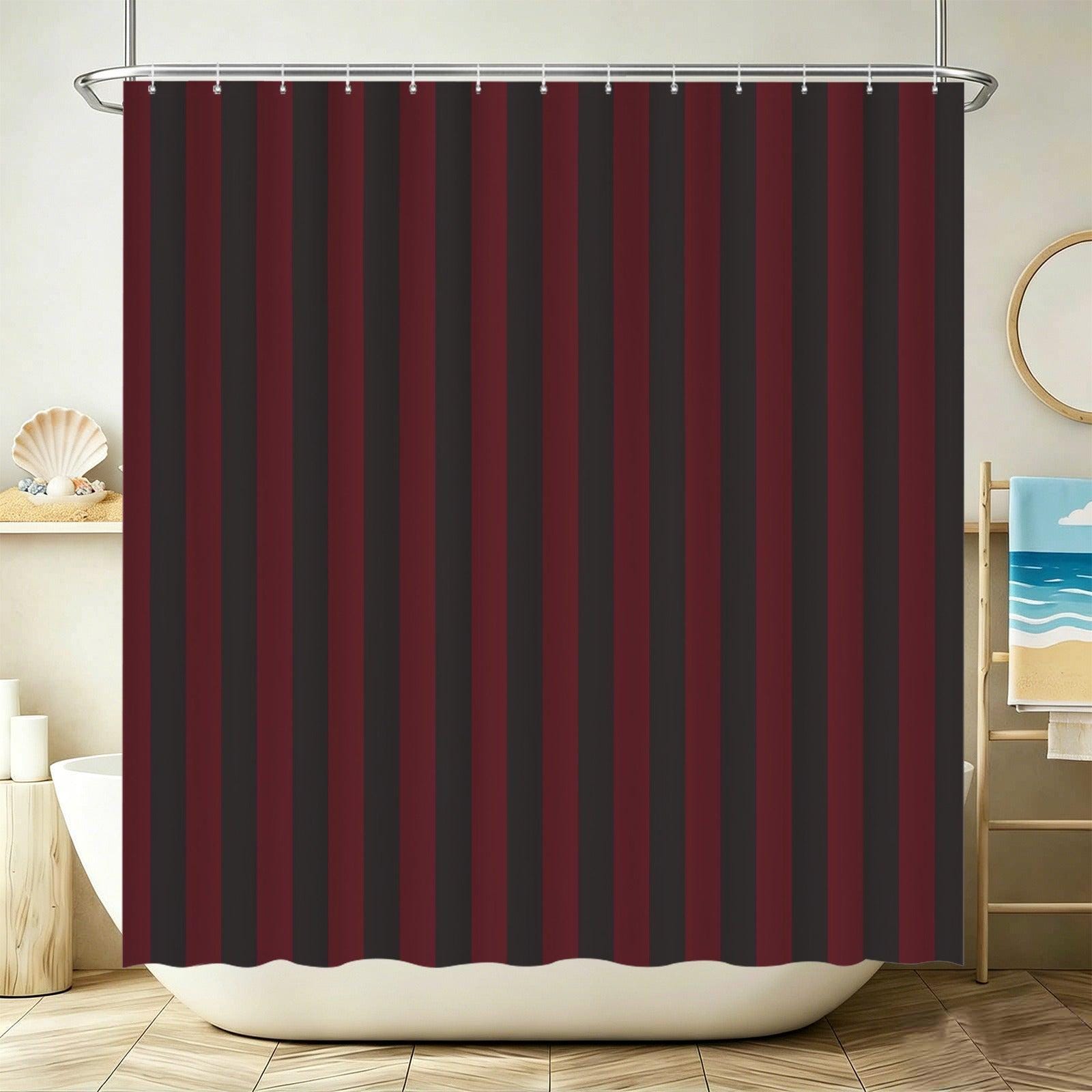 Red Black Vertical Stripe Shower Curtain, Gothic Dark Academia Bath Decor