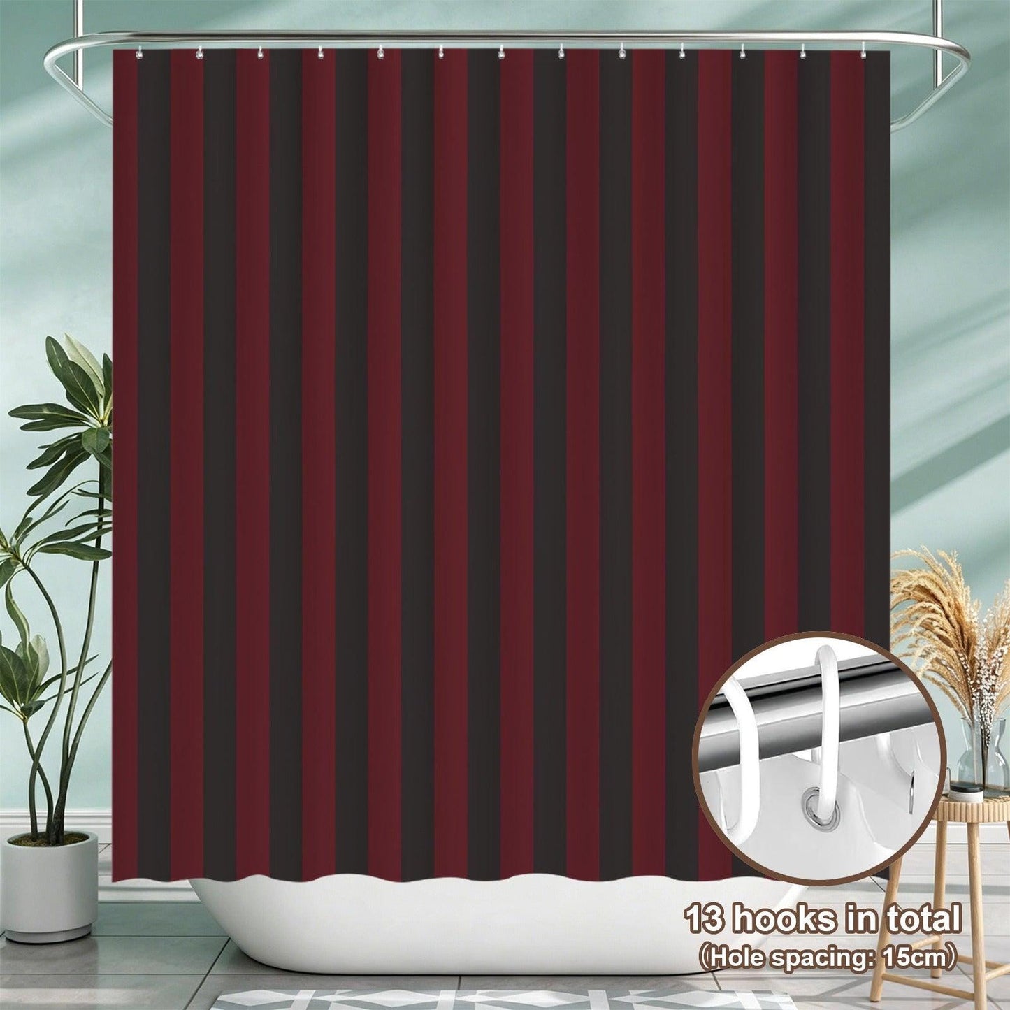 Red Black Vertical Stripe Shower Curtain, Gothic Dark Academia Bath Decor