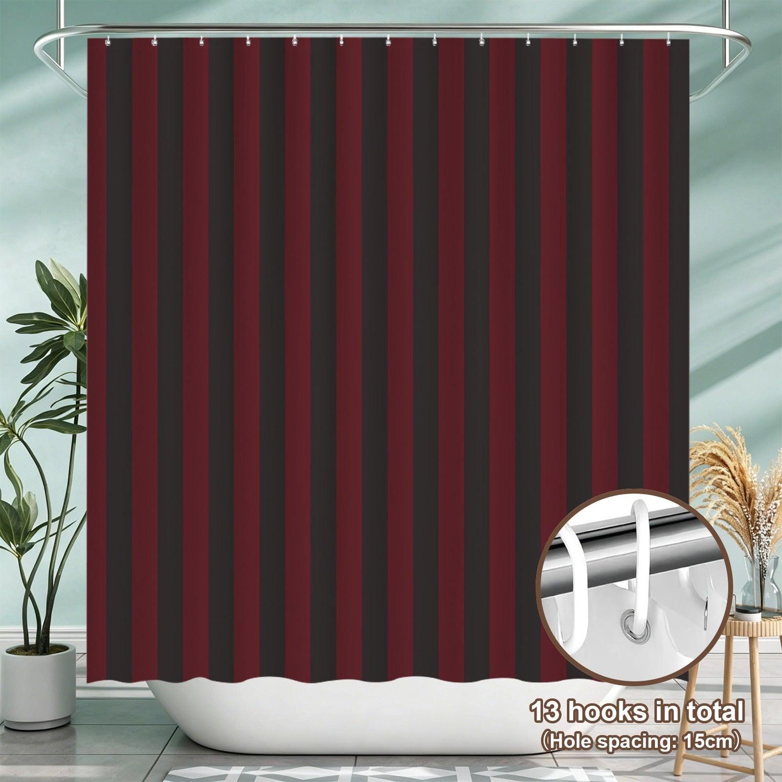 Red Black Vertical Stripe Shower Curtain, Gothic Dark Academia Bath Decor