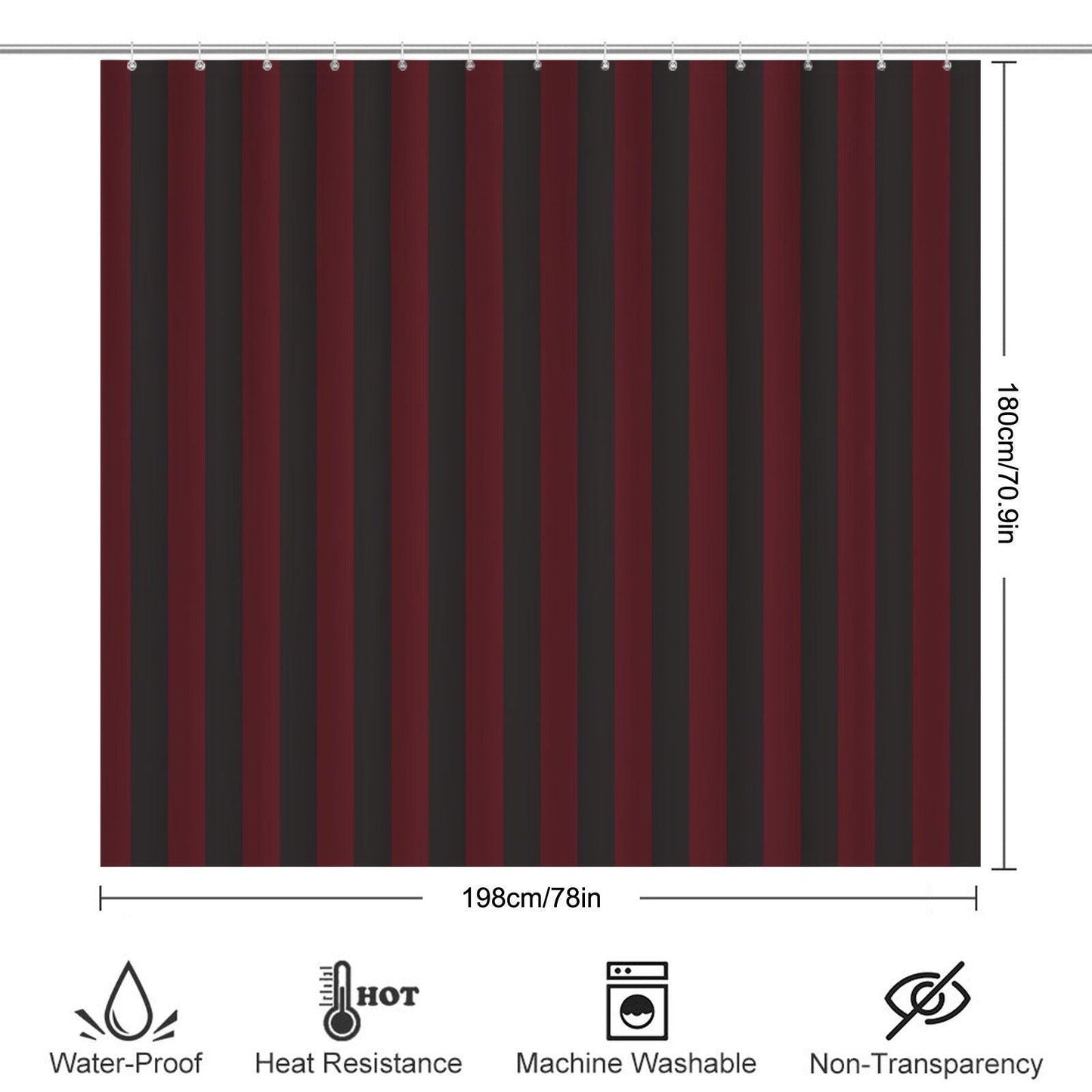 Red Black Vertical Stripe Shower Curtain, Gothic Dark Academia Bath Decor