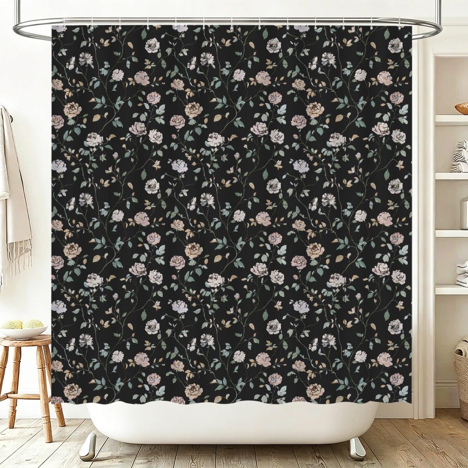 Black Floral Shower Curtain, Vintage Rose Botanical Bath Decor