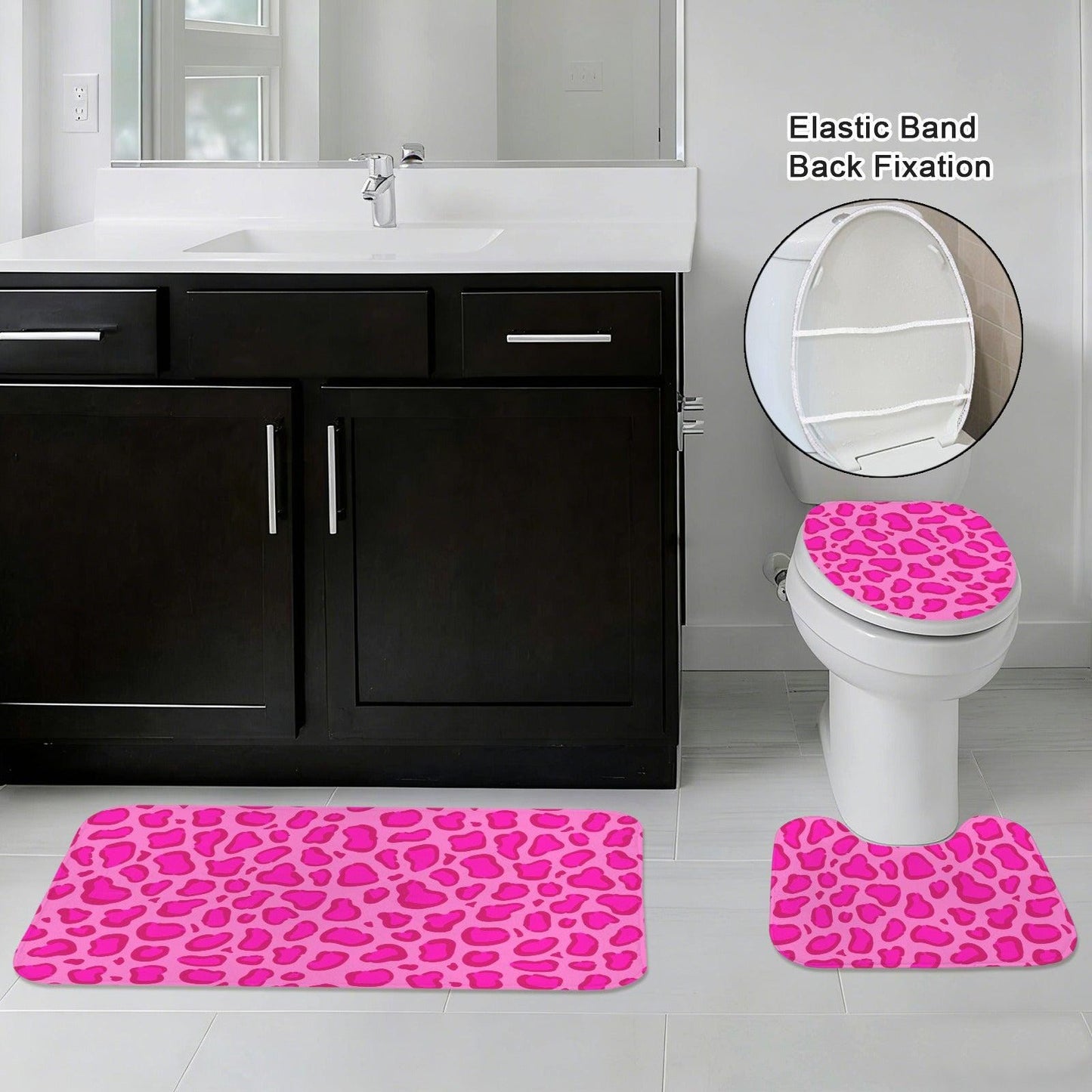 Pink Leopard Bathroom Rug Set, 3 Piece Girly Glam Animal Print Bath Mat