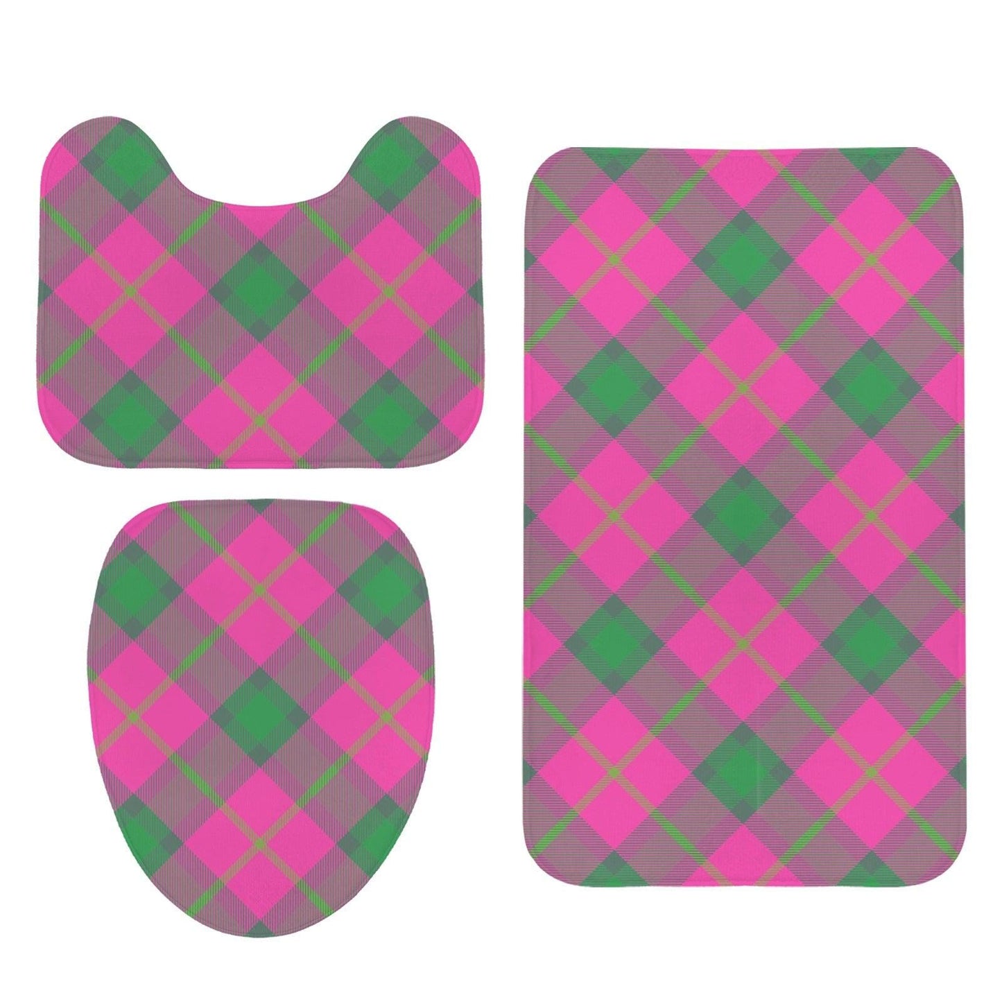 Pink Green Plaid Bath Mat Set, Argyle Bathroom Decor, Checkered Toilet Rug Trio
