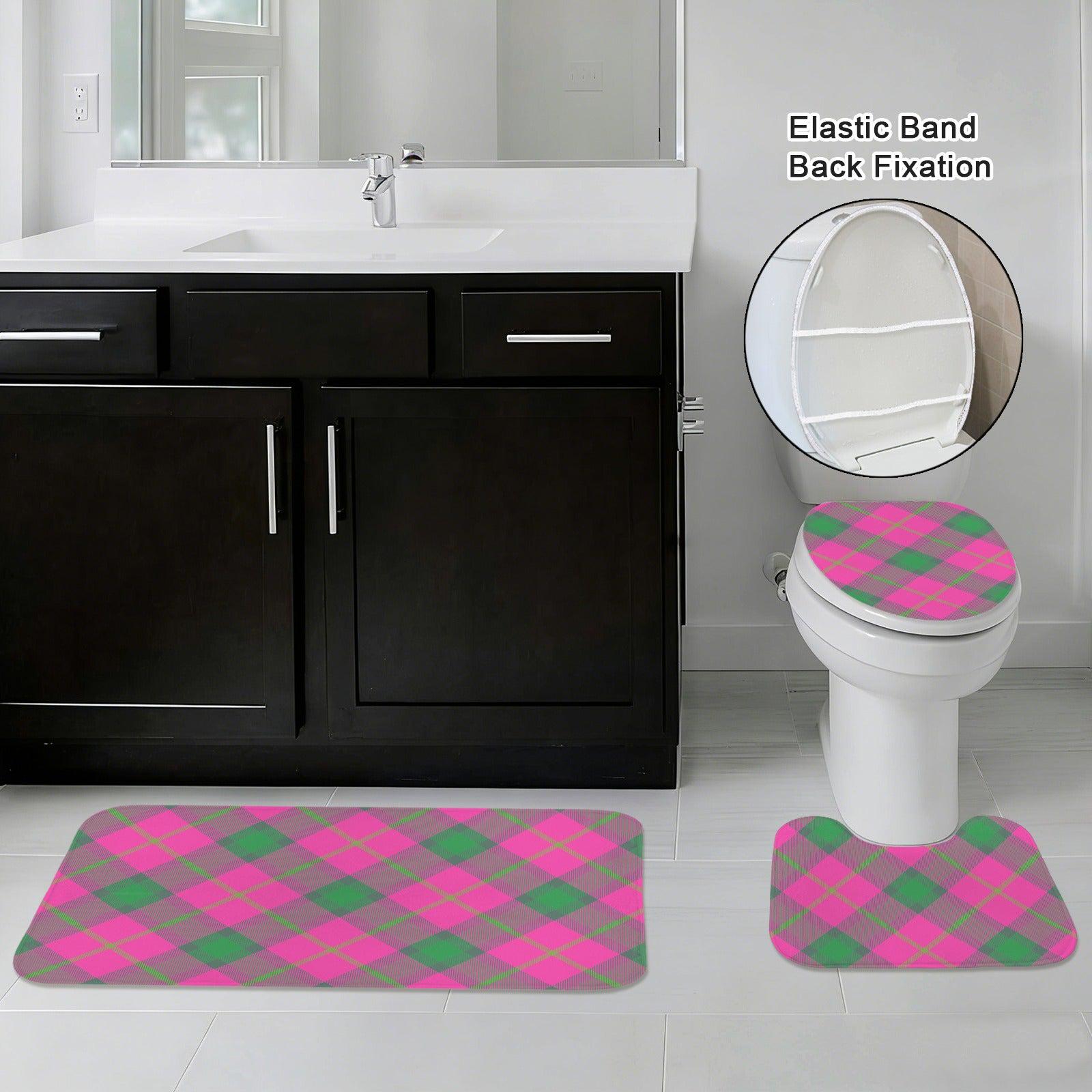 Pink Green Plaid Bath Mat Set, Argyle Bathroom Decor, Checkered Toilet Rug Trio
