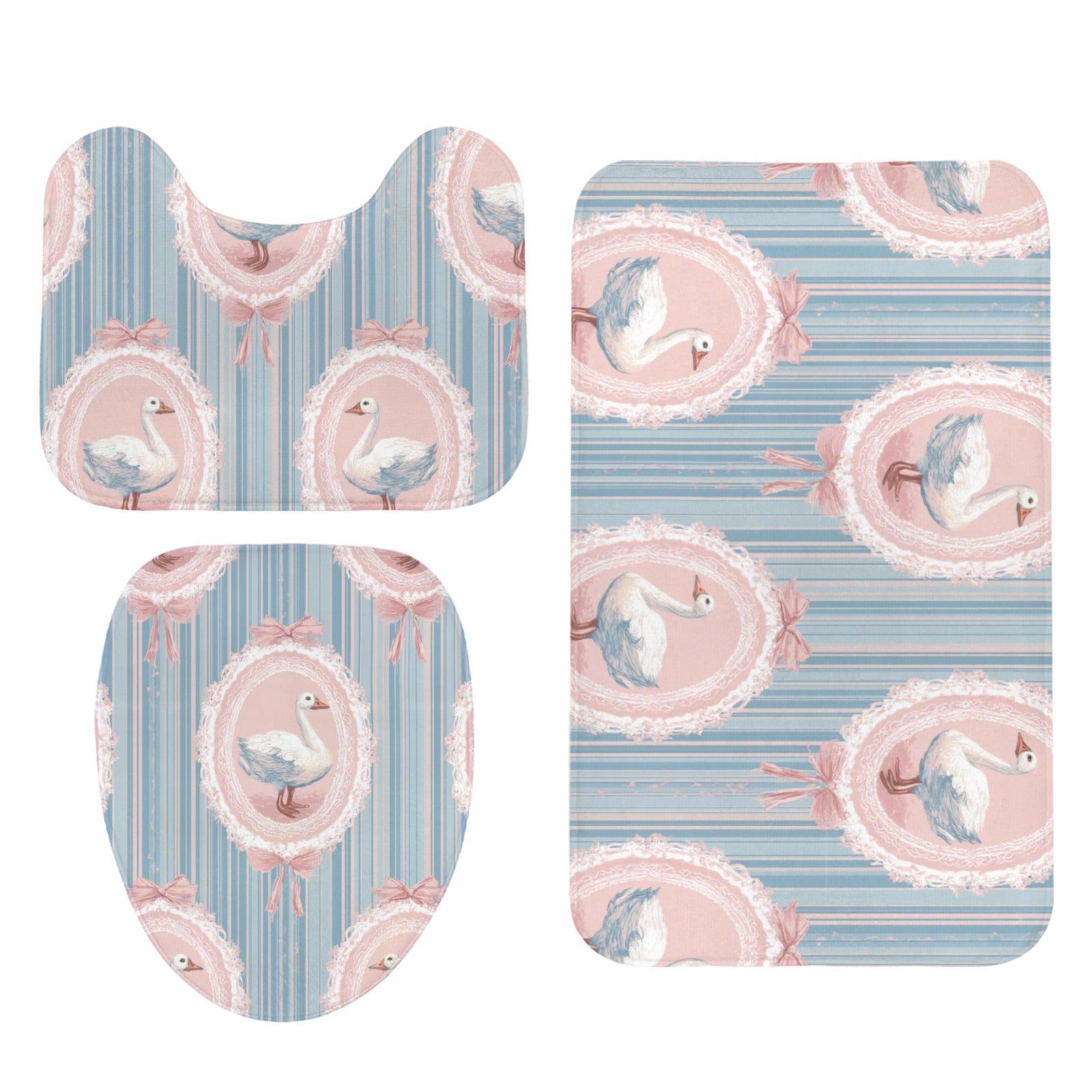 Swan Bathroom Rug Set, Coquette Cottagecore Bath Mat Trio, Pink Blue Powder Room Accessory