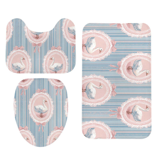 Swan Bathroom Rug Set, Coquette Cottagecore Bath Mat Trio, Pink Blue Powder Room Accessory