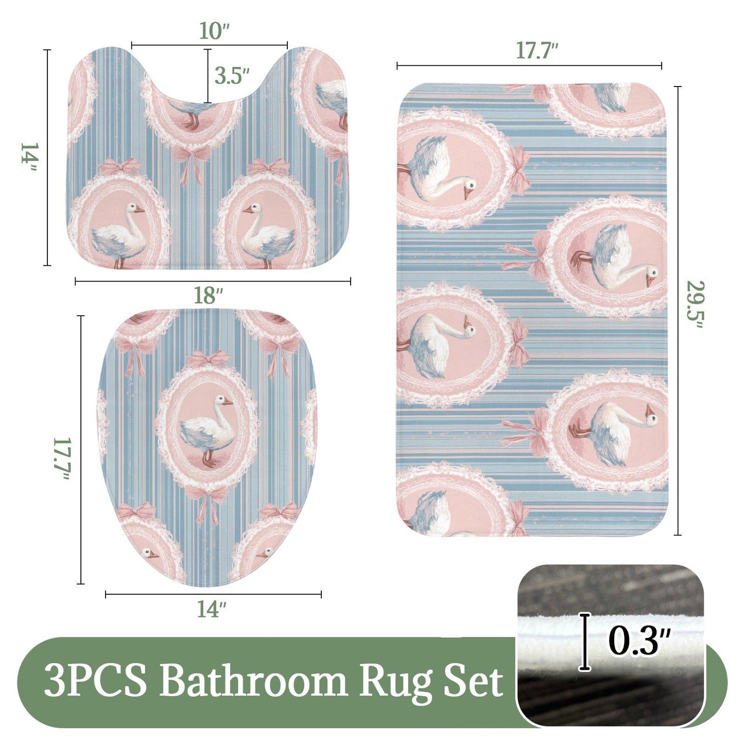 Swan Bathroom Rug Set, Coquette Cottagecore Bath Mat Trio, Pink Blue Powder Room Accessory