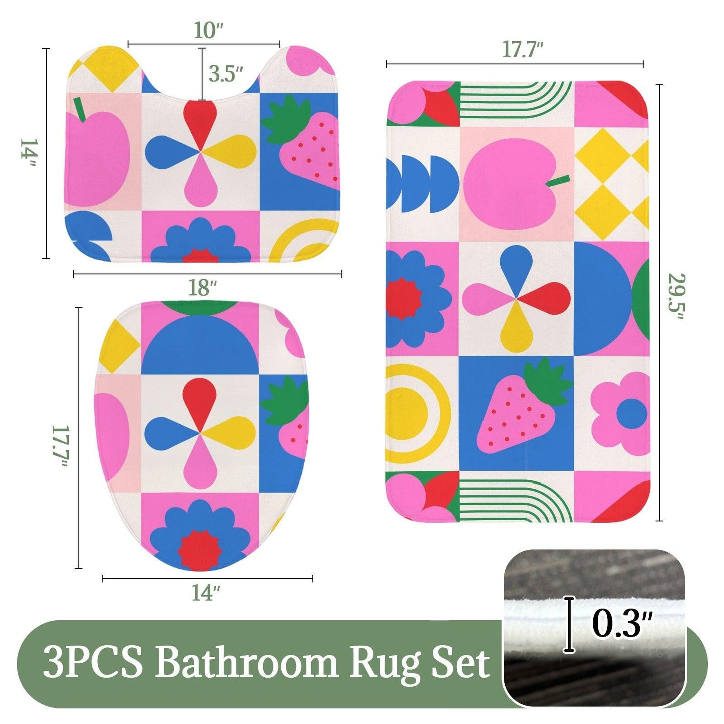 Retro Mod Fruit Bathroom Rug Set, Colorful Geometric 3-Piece Bath Mat