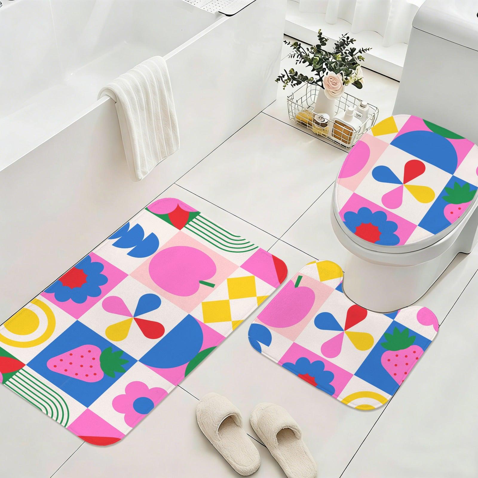 Retro Mod Fruit Bathroom Rug Set, Colorful Geometric 3-Piece Bath Mat