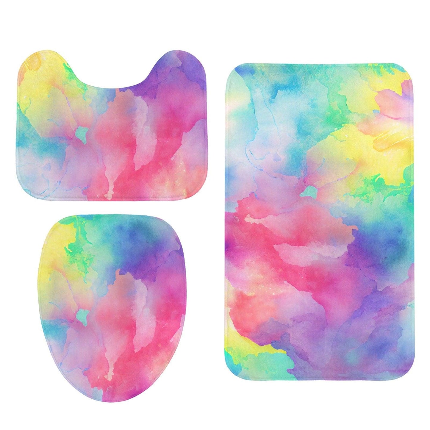 Pastel Watercolor Rainbow Bathroom Rug Set, Boho Bath Mats, Contour Toilet Rug