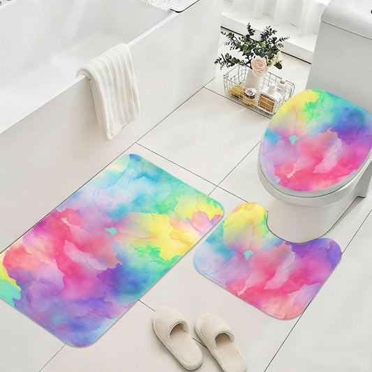 Pastel Watercolor Rainbow Bathroom Rug Set, Boho Bath Mats, Contour Toilet Rug