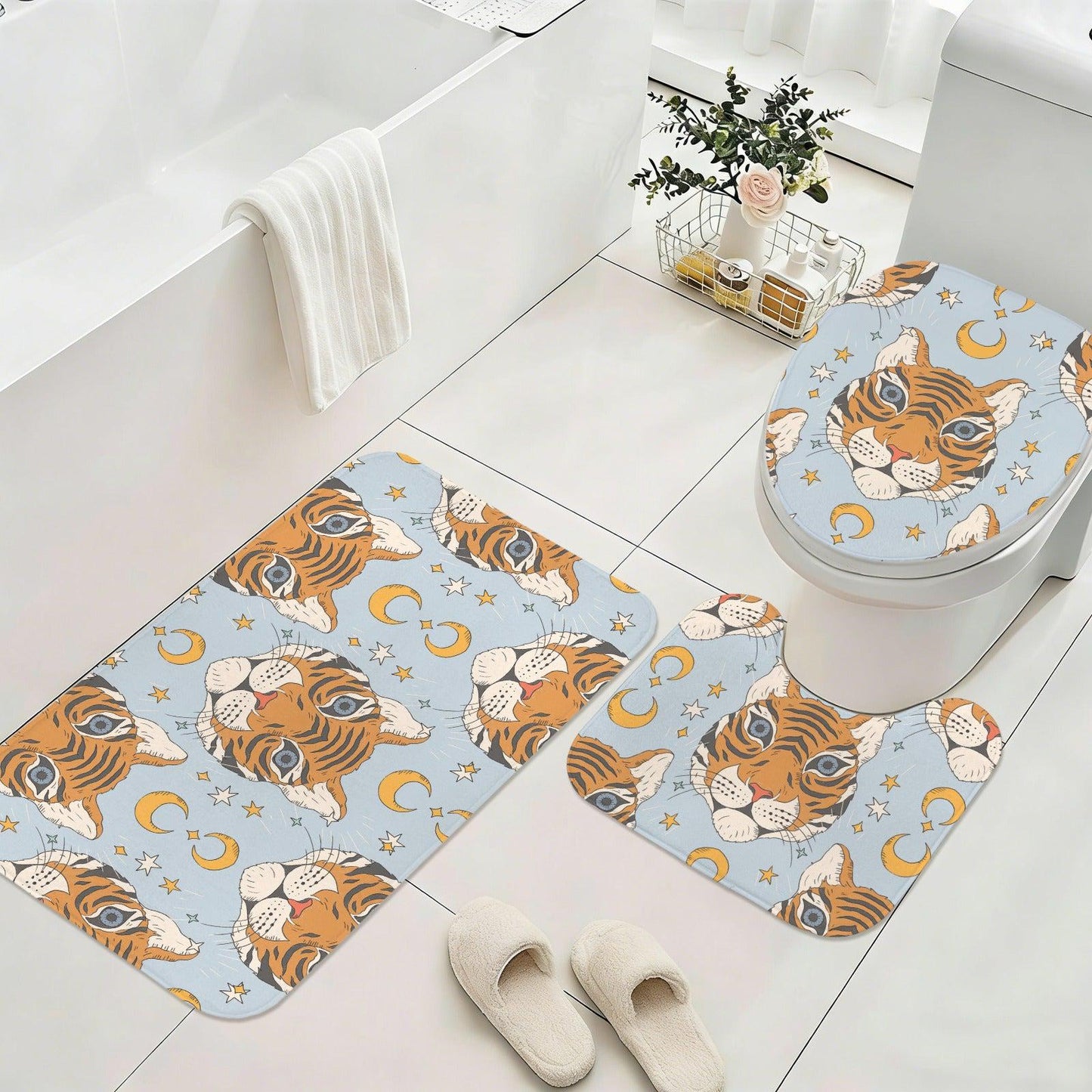 Boho Tiger Celestial Bath Rug Set, Moon Stars Bathroom Decor, Whimsical Tiger Mat