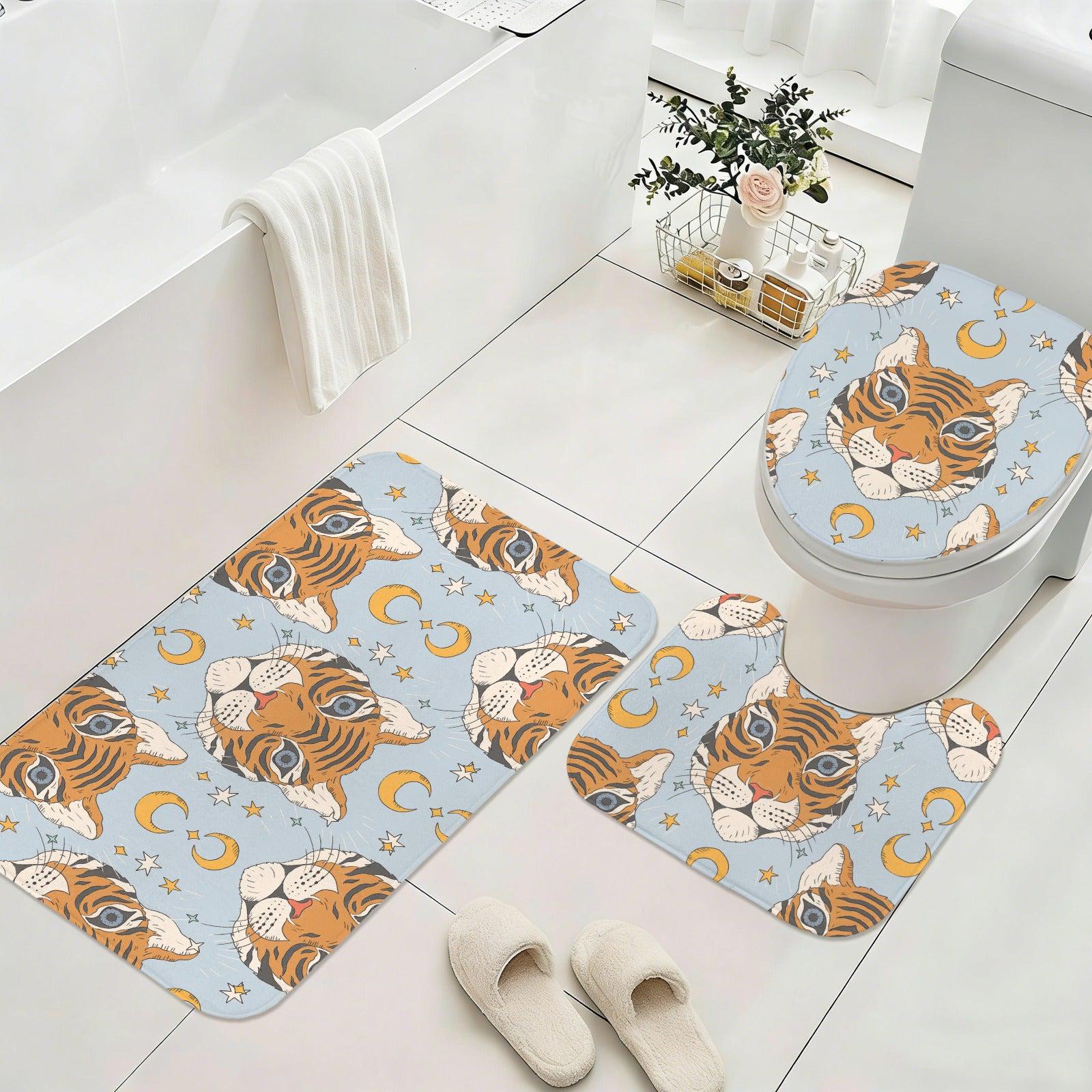 Boho Tiger Celestial Bath Rug Set, Moon Stars Bathroom Decor, Whimsical Tiger Mat