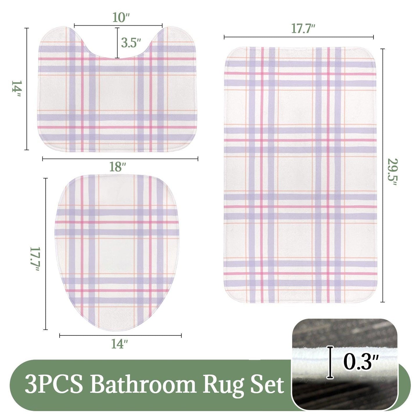 Plaid Bathroom Rug Set, Lavender Pink Bath Mat Trio, Preppy Cottage Toilet Contour Rug