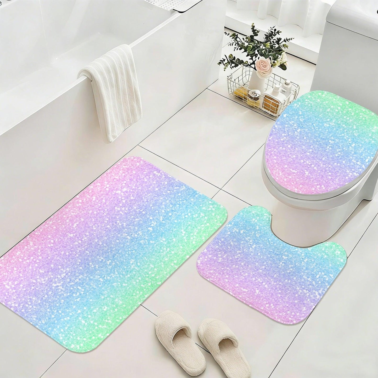 Ombre Glitter Bathroom Rug Set, Pastel Rainbow Bath Mat Trio, Dreamy Dorm Decor