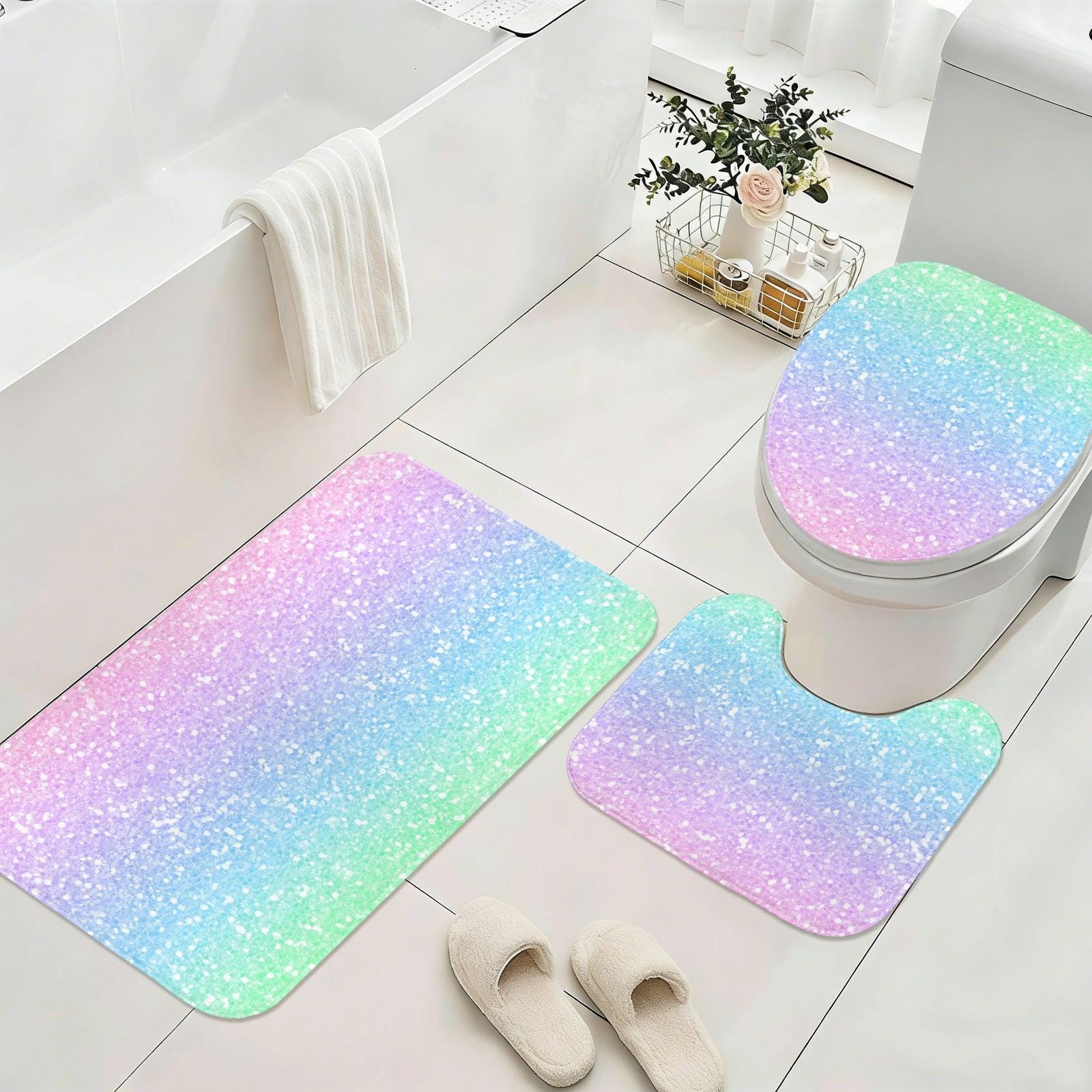 Ombre Glitter Bathroom Rug Set, Pastel Rainbow Bath Mat Trio, Dreamy Dorm Decor