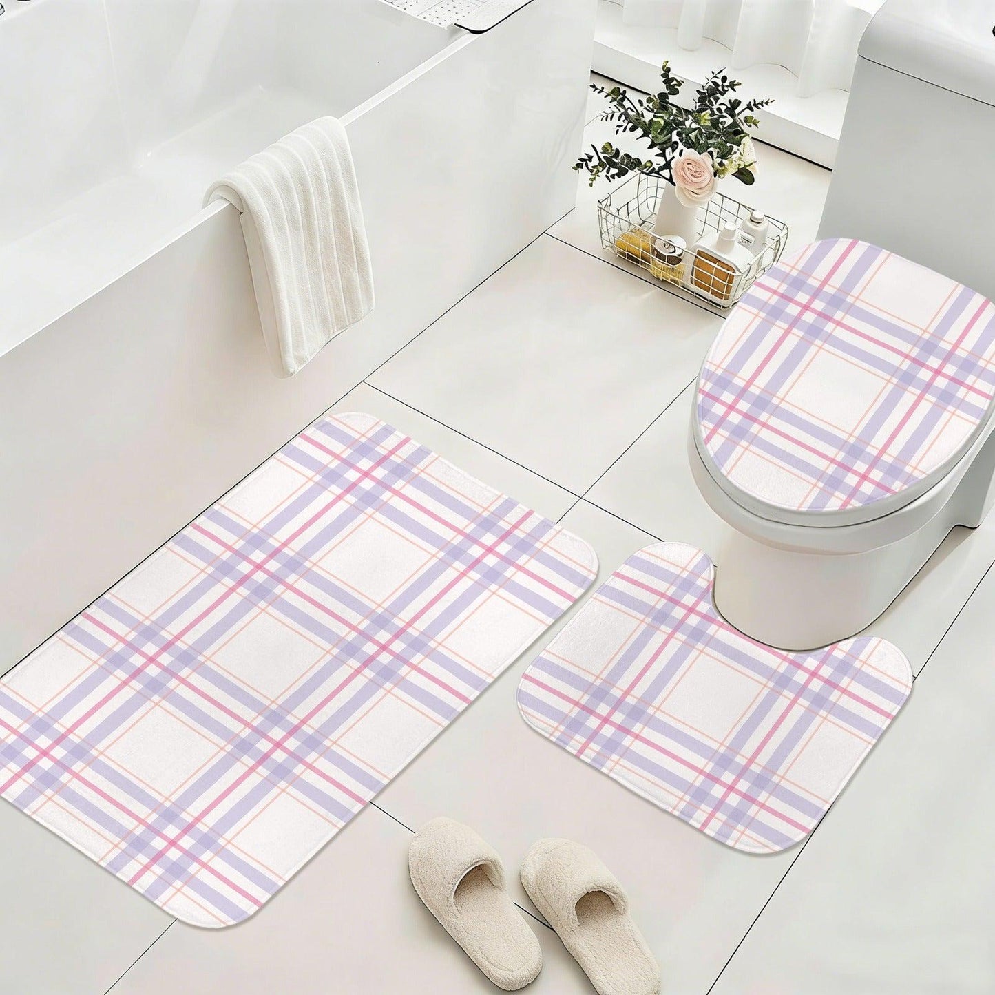 Plaid Bathroom Rug Set, Lavender Pink Bath Mat Trio, Preppy Cottage Toilet Contour Rug