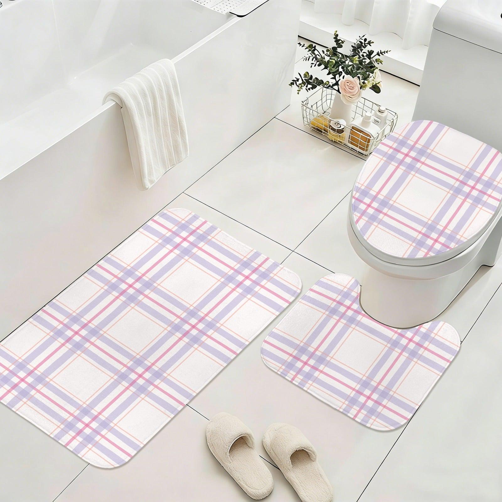Plaid Bathroom Rug Set, Lavender Pink Bath Mat Trio, Preppy Cottage Toilet Contour Rug