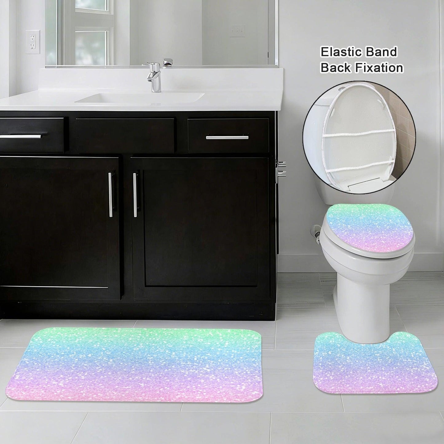 Ombre Glitter Bathroom Rug Set, Pastel Rainbow Bath Mat Trio, Dreamy Dorm Decor