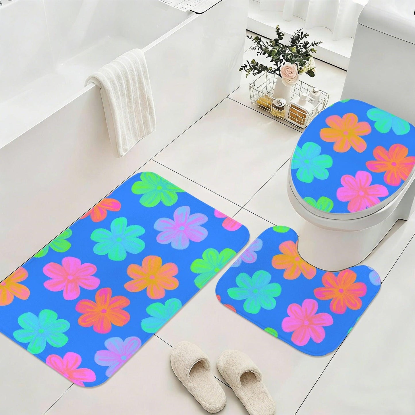 Groovy Flower Bathroom Rug Set, Neon Daisy Bath Mat Trio, Retro Y2K Decor