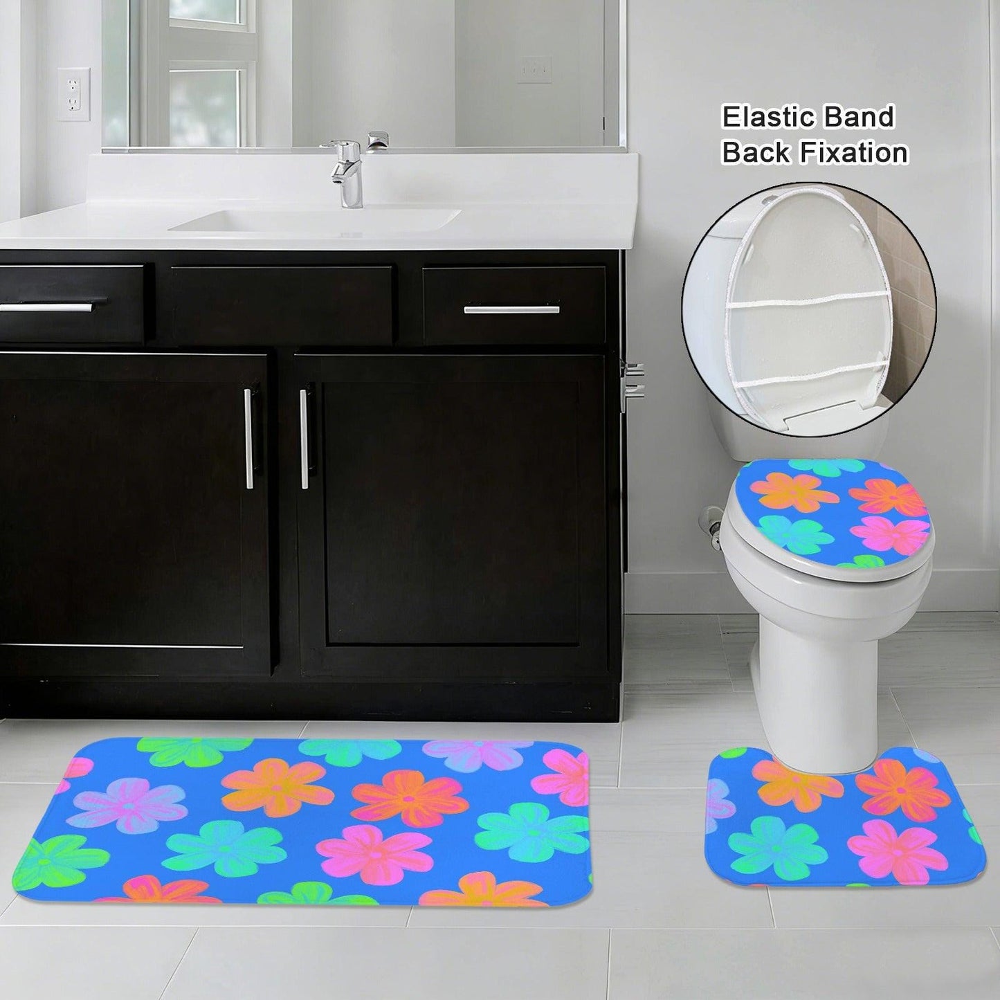 Groovy Flower Bathroom Rug Set, Neon Daisy Bath Mat Trio, Retro Y2K Decor