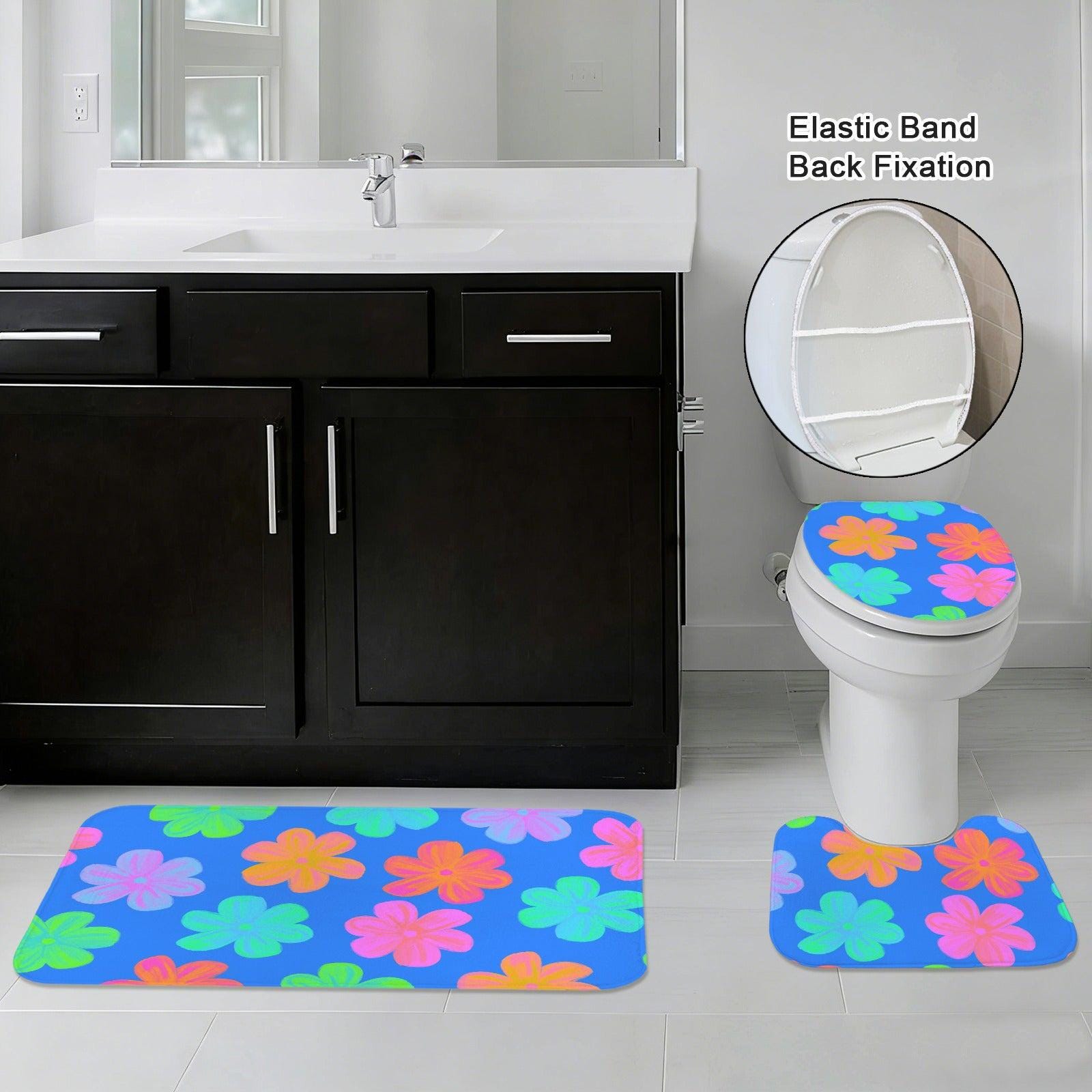 Groovy Flower Bathroom Rug Set, Neon Daisy Bath Mat Trio, Retro Y2K Decor