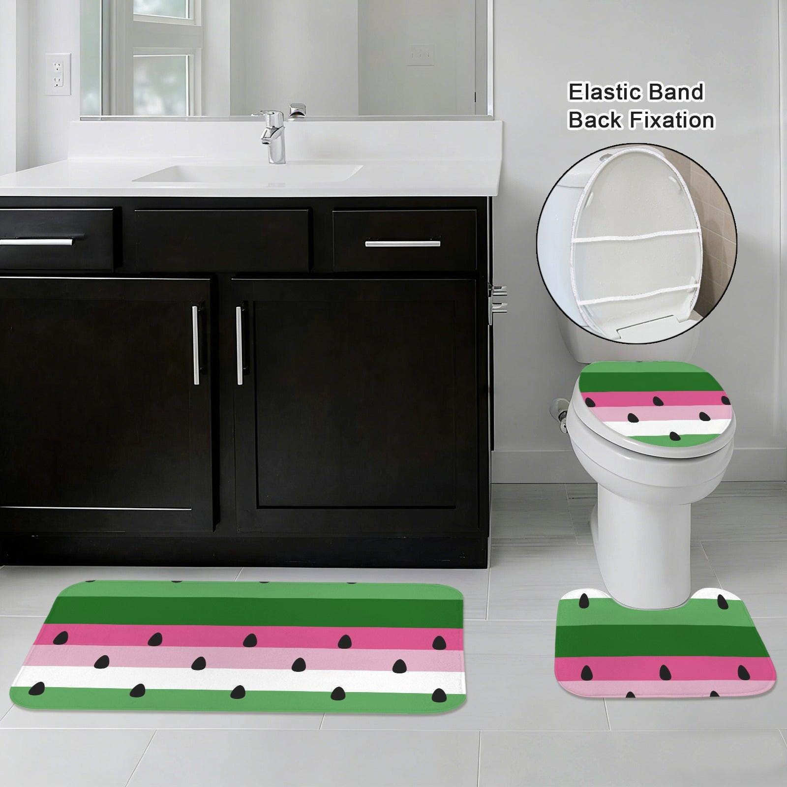 Watermelon Bath Mat Trio, Pink Green Striped Fruit Rug Set