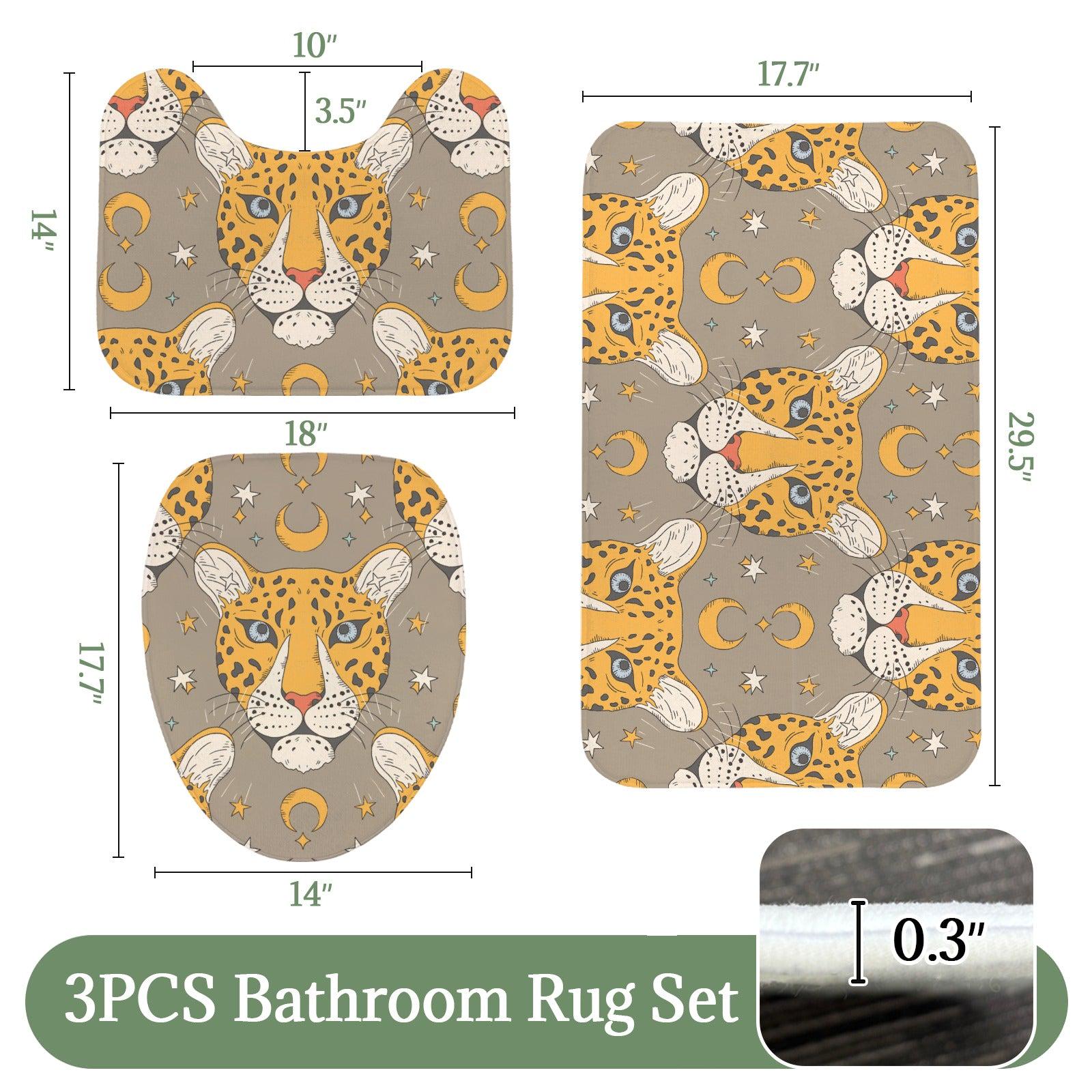 Celestial Leopard Bath Mat Set, Boho Safari Moon Rugs, Wild Cat Toilet Contour Mat