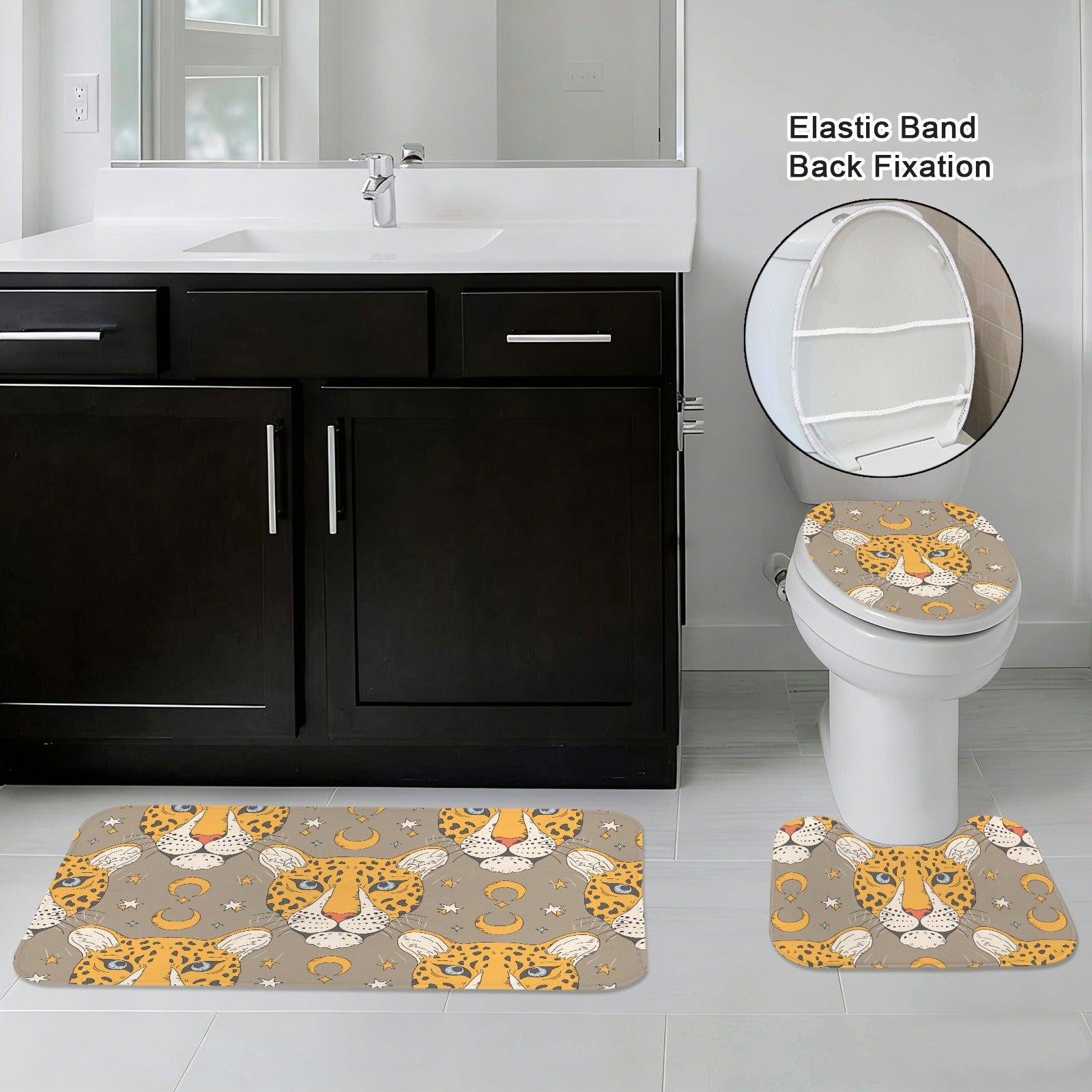 Celestial Leopard Bath Mat Set, Boho Safari Moon Rugs, Wild Cat Toilet Contour Mat
