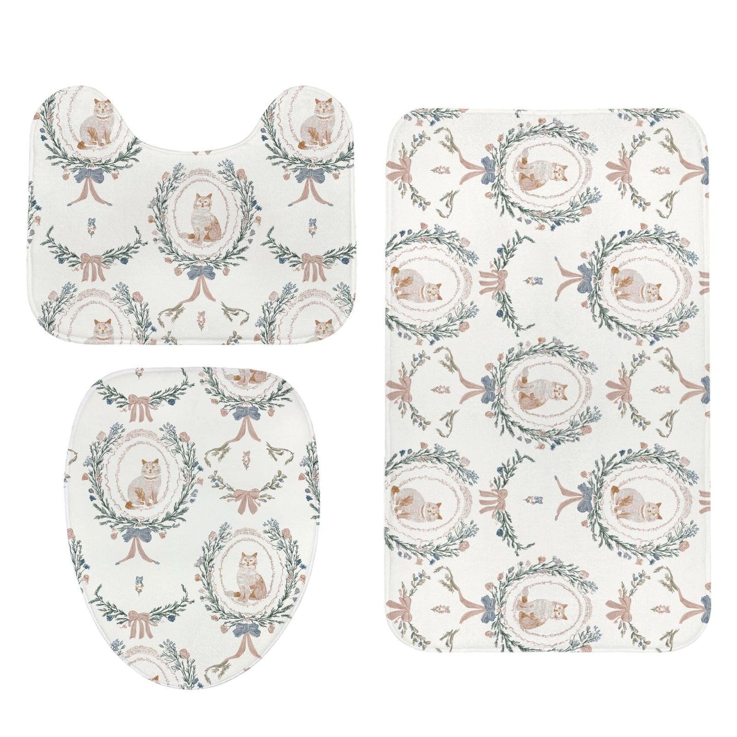 Cat Lover Bathroom Rug Set, Vintage Toile Floral Toilet Mat, Cottage Kitten Decor