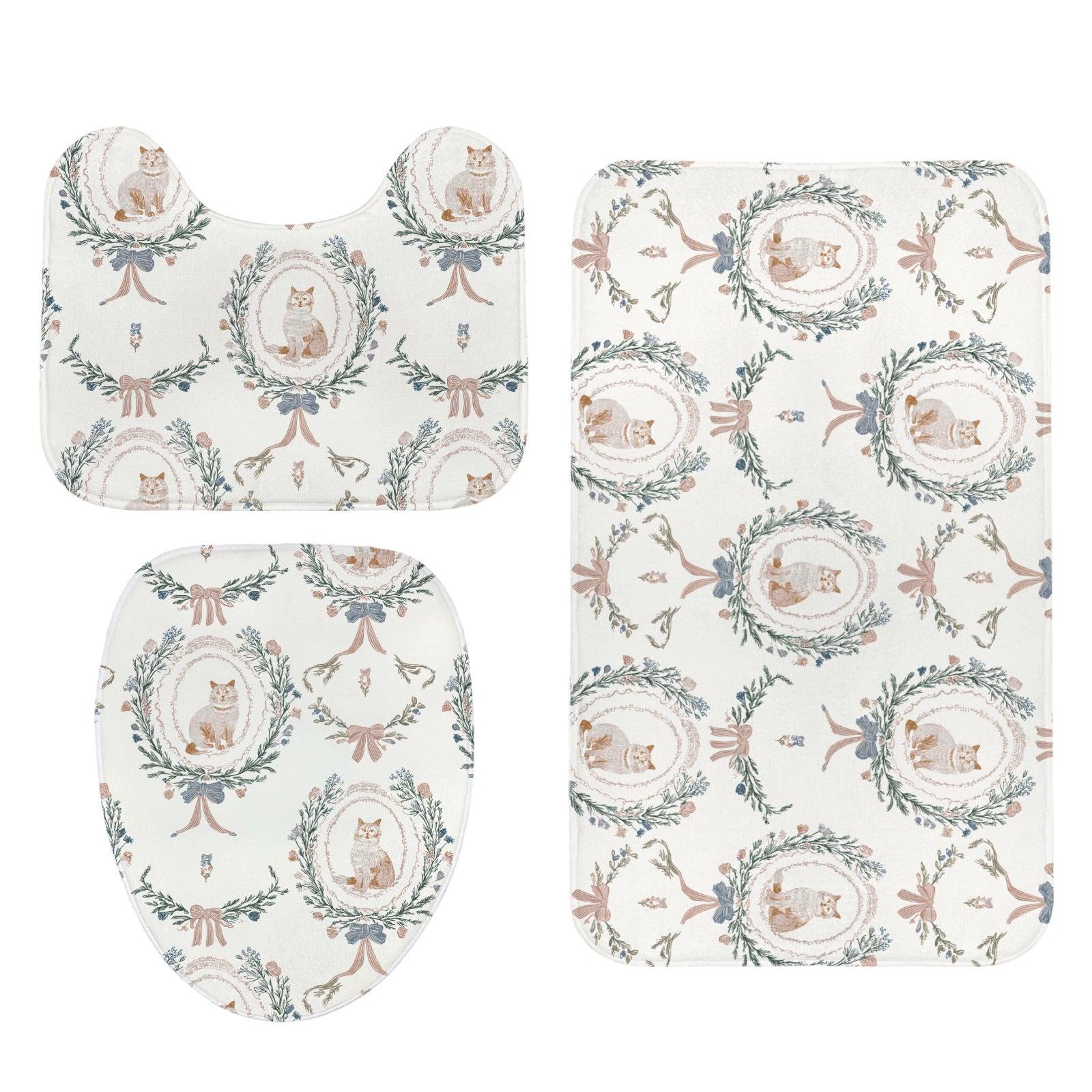 Cat Lover Bathroom Rug Set, Vintage Toile Floral Toilet Mat, Cottage Kitten Decor