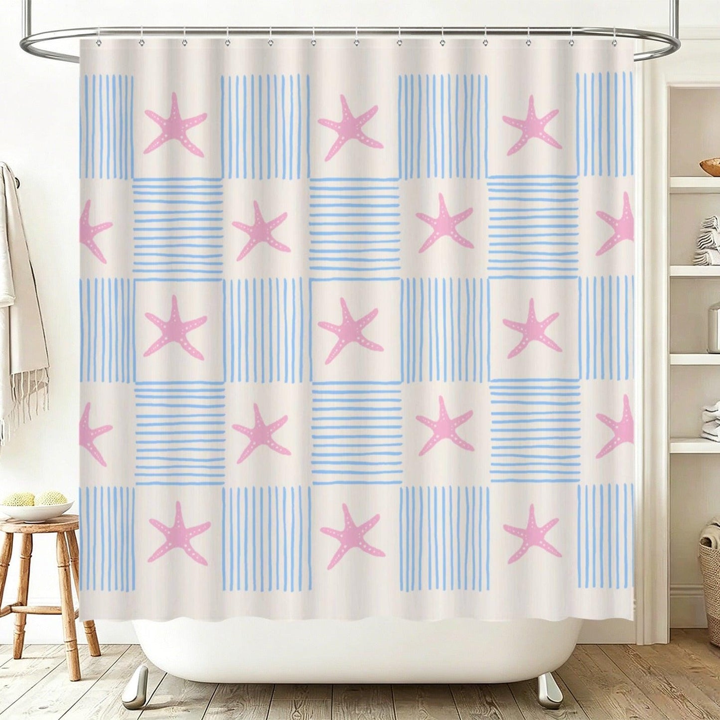 Pink Starfish Stripe Shower Curtain, Coastal Beach Bathroom Decor