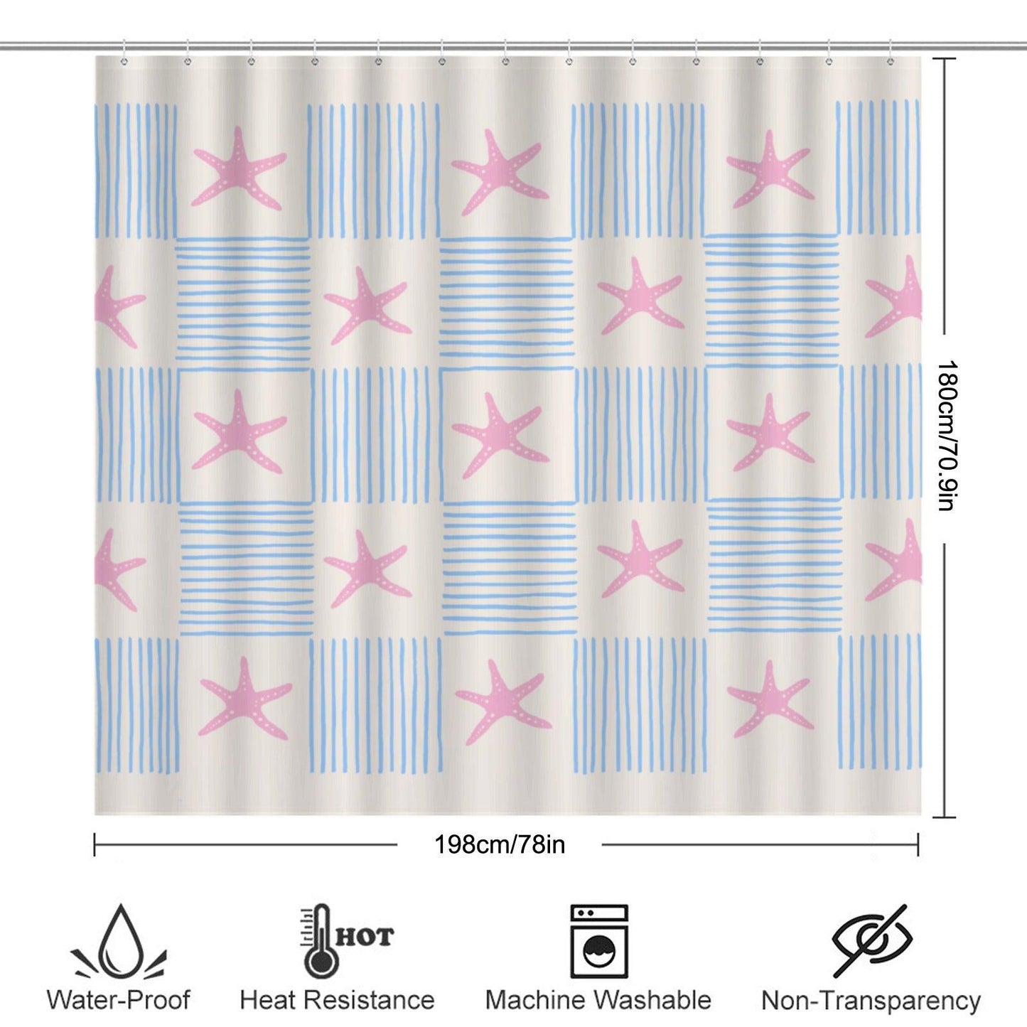 Pink Starfish Stripe Shower Curtain, Coastal Beach Bathroom Decor