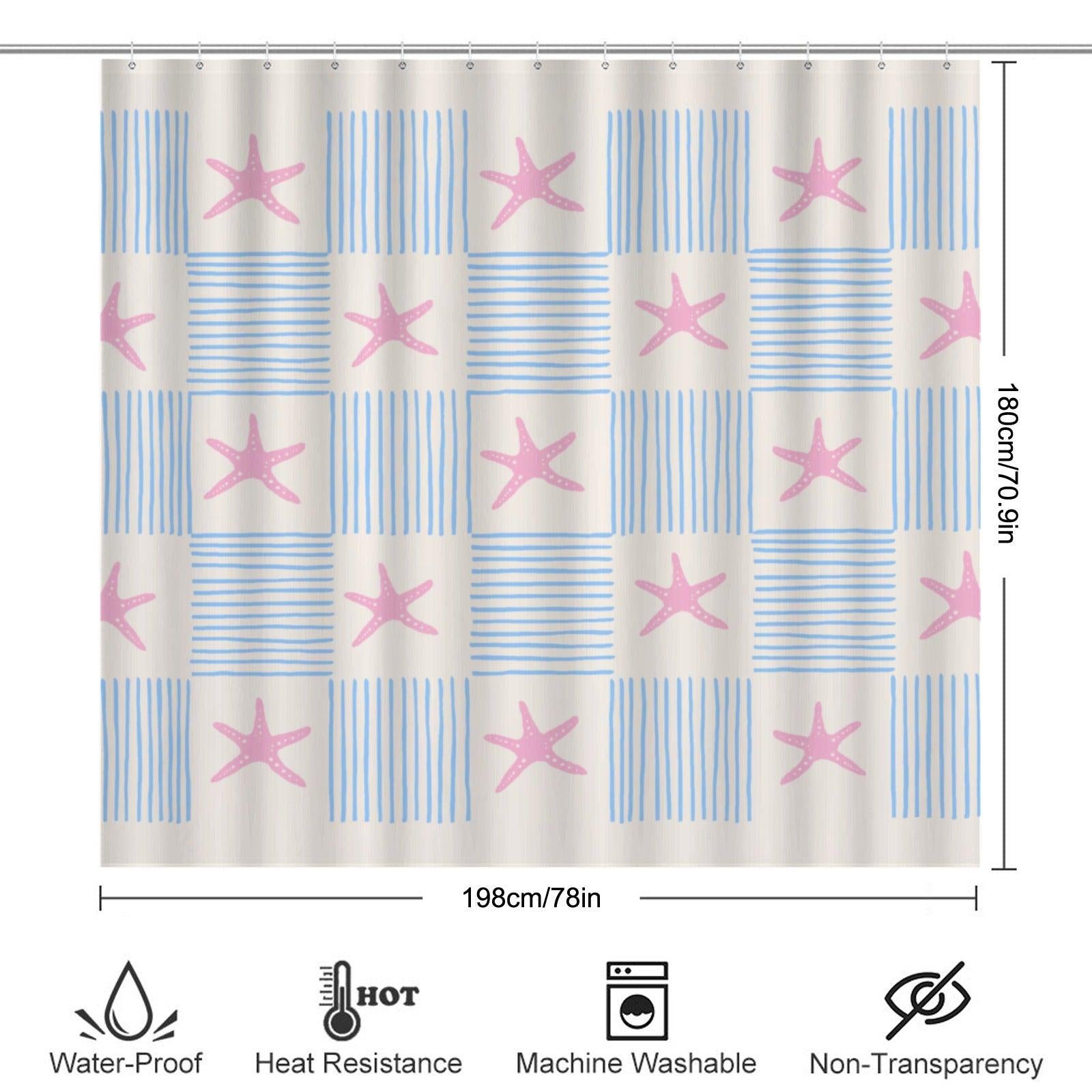 Pink Starfish Stripe Shower Curtain, Coastal Beach Bathroom Decor