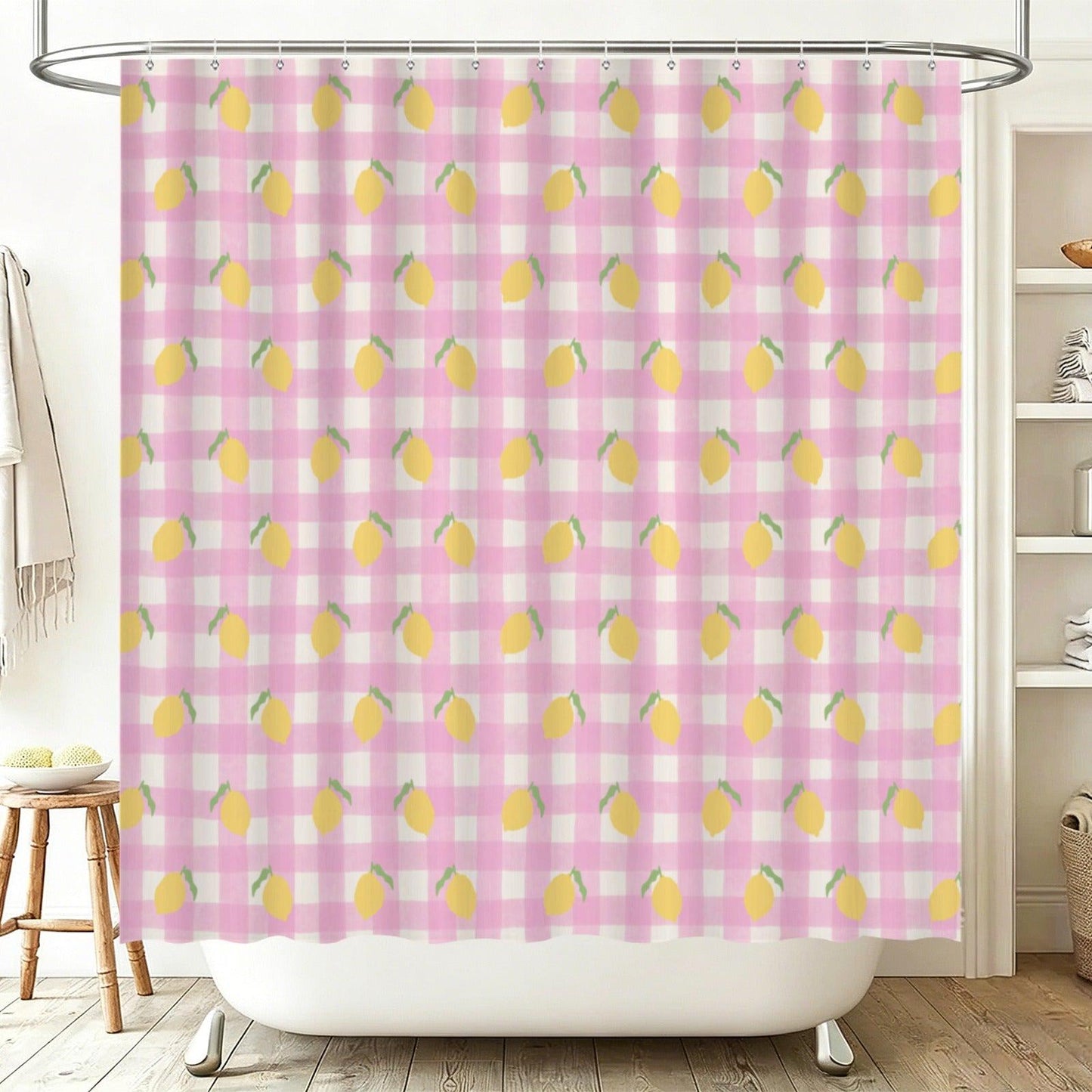 Pink Gingham Lemon Shower Curtain, Cottagecore Bathroom Decor, Picnic Check Bath Accent