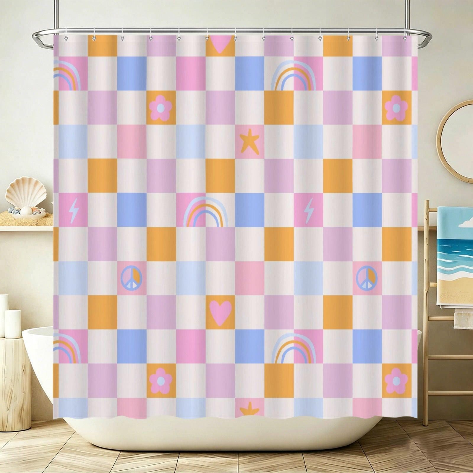 Checkered Shower Curtain, Pastel Rainbow Peace Sign, Retro Y2K Bathroom Decor