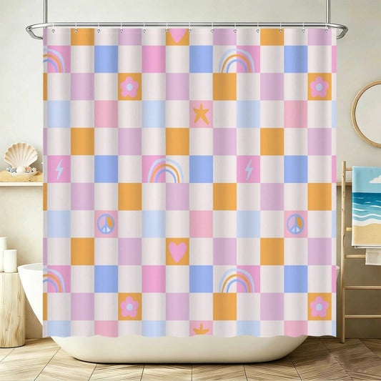 Checkered Shower Curtain, Pastel Rainbow Peace Sign, Retro Y2K Bathroom Decor