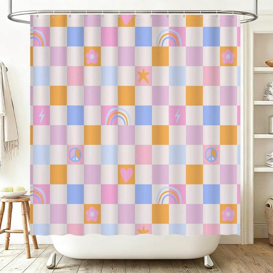 Checkered Shower Curtain, Pastel Rainbow Peace Sign, Retro Y2K Bathroom Decor