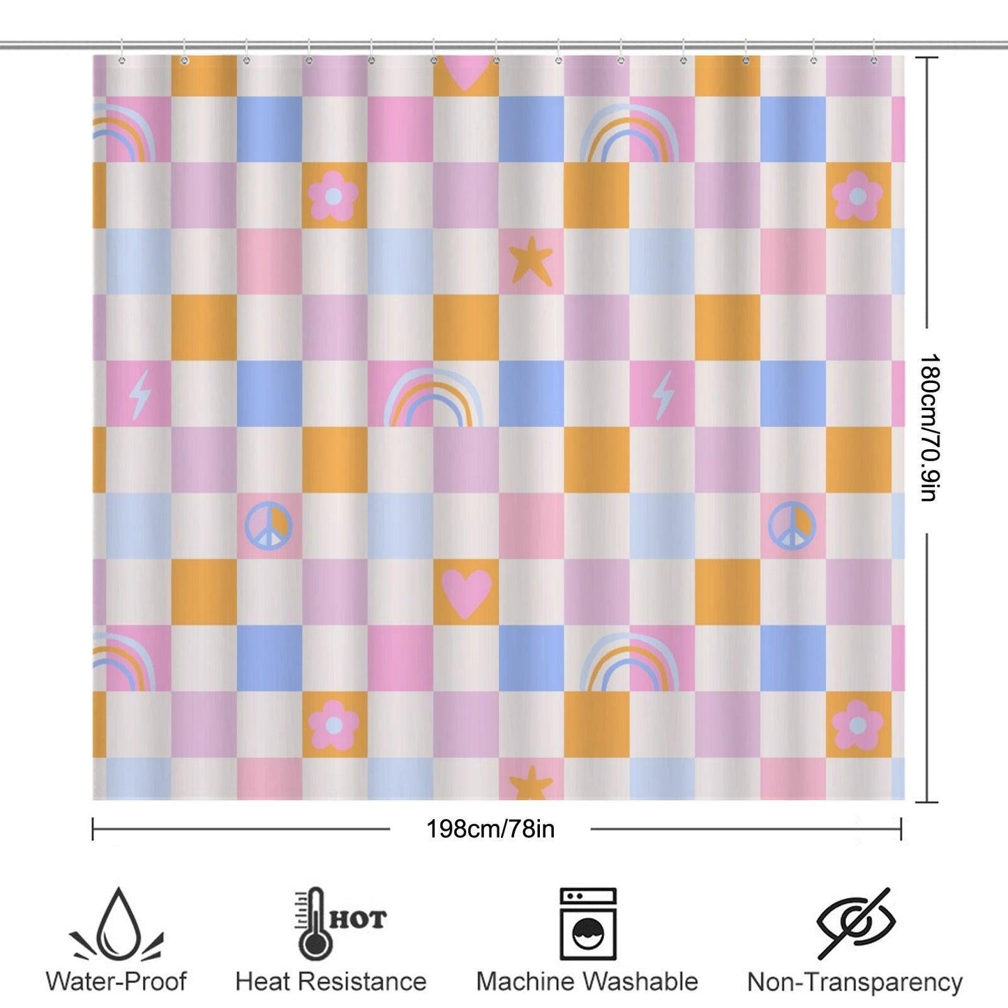 Checkered Shower Curtain, Pastel Rainbow Peace Sign, Retro Y2K Bathroom Decor