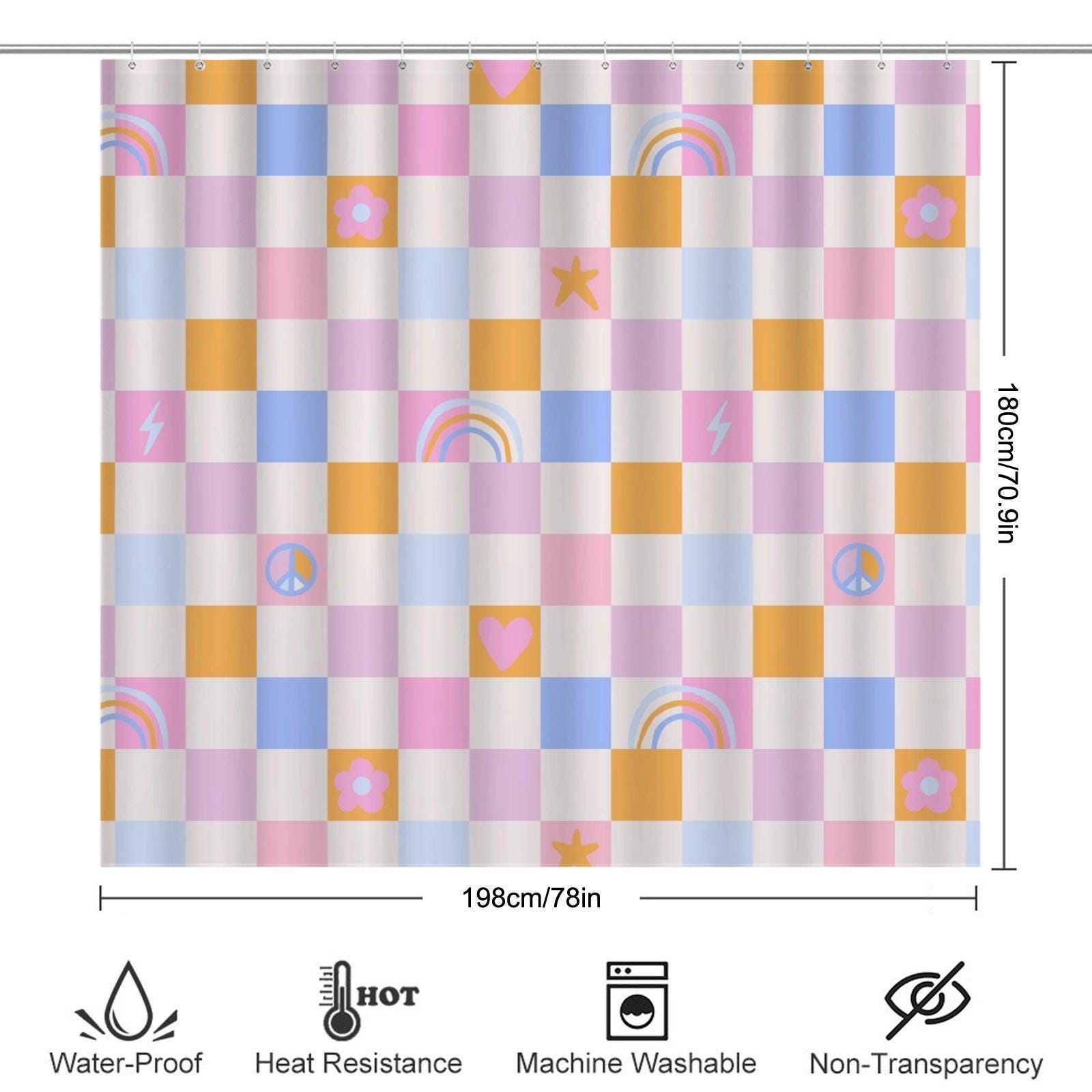 Checkered Shower Curtain, Pastel Rainbow Peace Sign, Retro Y2K Bathroom Decor