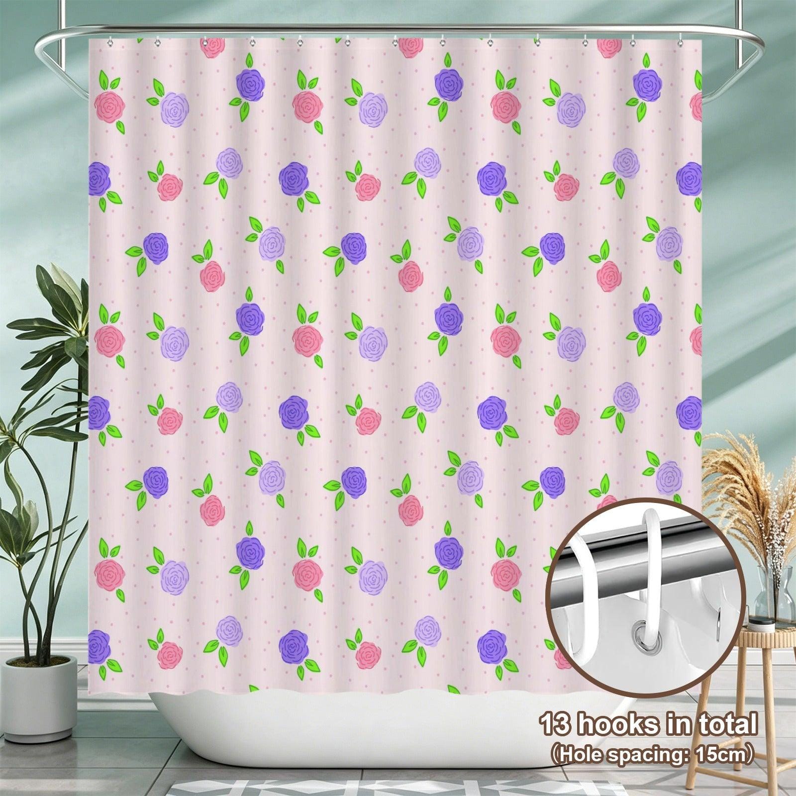 Floral Shower Curtain, Pink Purple Roses, Cottagecore Bathroom Decor